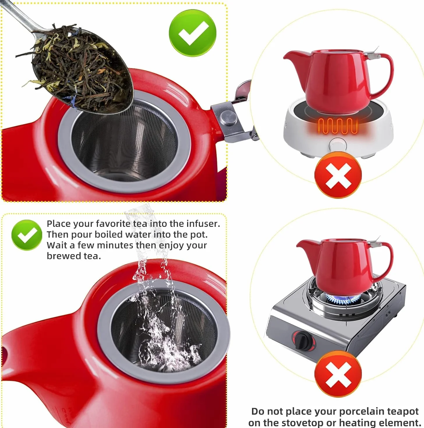 VIVILINEN Tetera con Infusor Extraíble y Tapa Metálica de 1,2 litros, Cerámica para Té en Hojas y Té a Granel