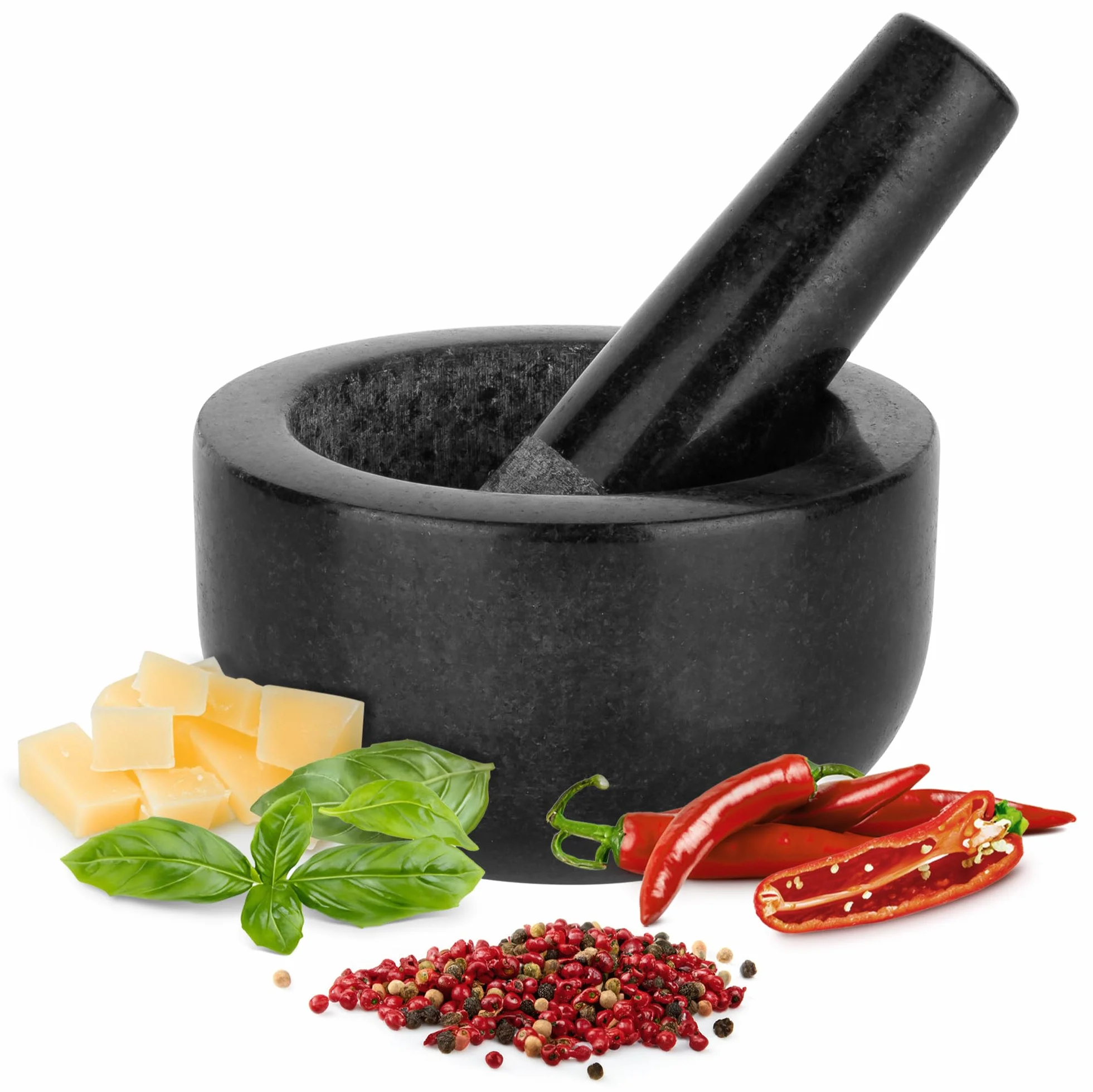 H&S Set de Mortero - Mortero Cocina de Piedra Maciza de Granito Negro para Machacar y Triturar Especias - Set Molcajete Grande de Cocina para Moler - Mortero Piedra Negra