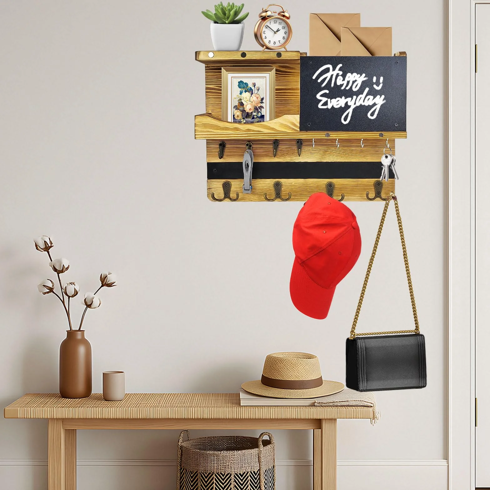 Porta Llaves de Pared de Madera con Compartimento de Almacenamiento, 8 Ganchos y 4 Ganchos Dobles, con Tablón de Anuncios, Apto para Llaves, Sombreros, Ropa, Bolsos