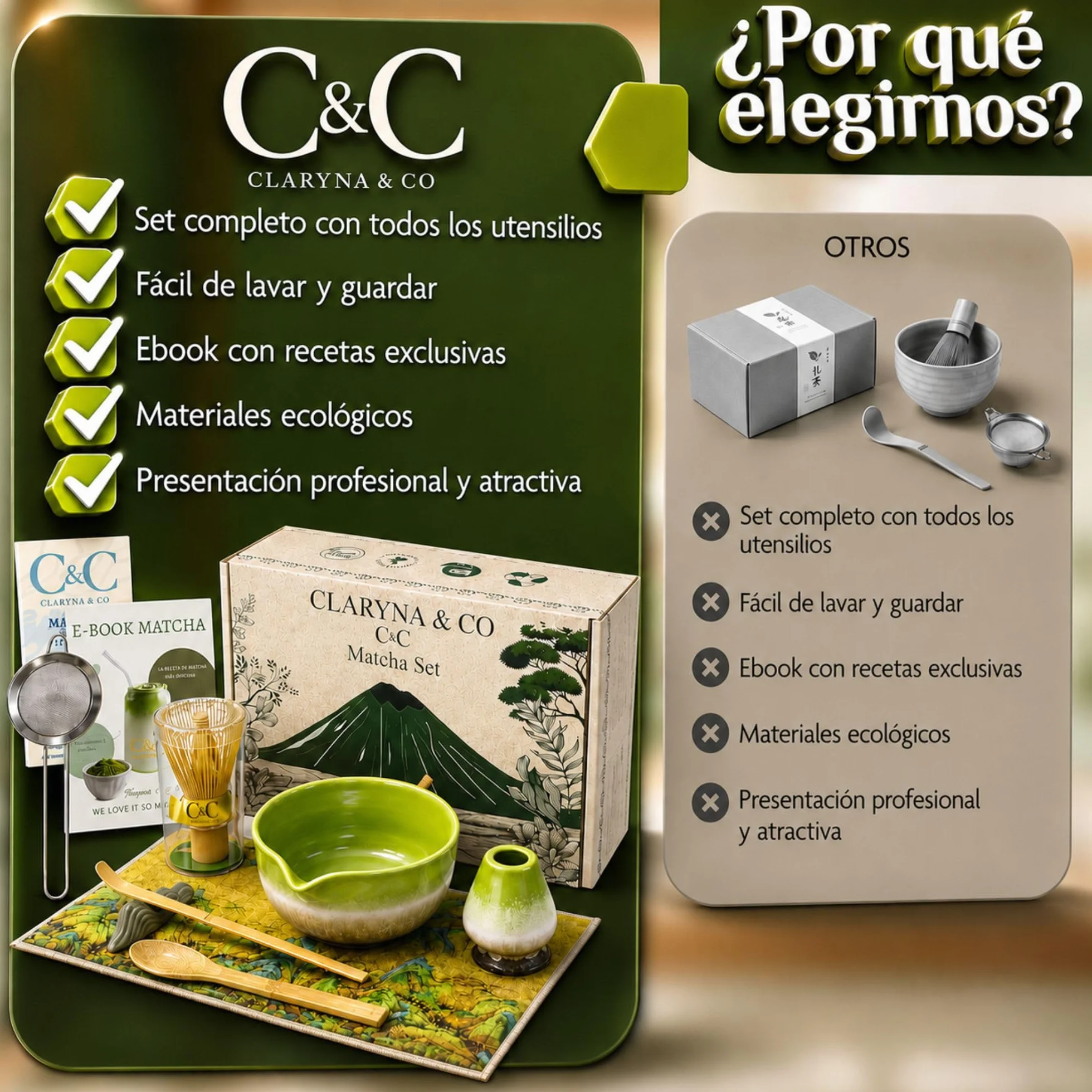 C&C Set Te Matcha Kit, 8 Piezas Premium Ecológicas Duraderas y Resistentes, Incl Ebook con Recetas Exclusivas y Manual, Batidor Matcha Colador Kit Matcha Set, Set Matcha Whisk - Kit Te Matcha Completo