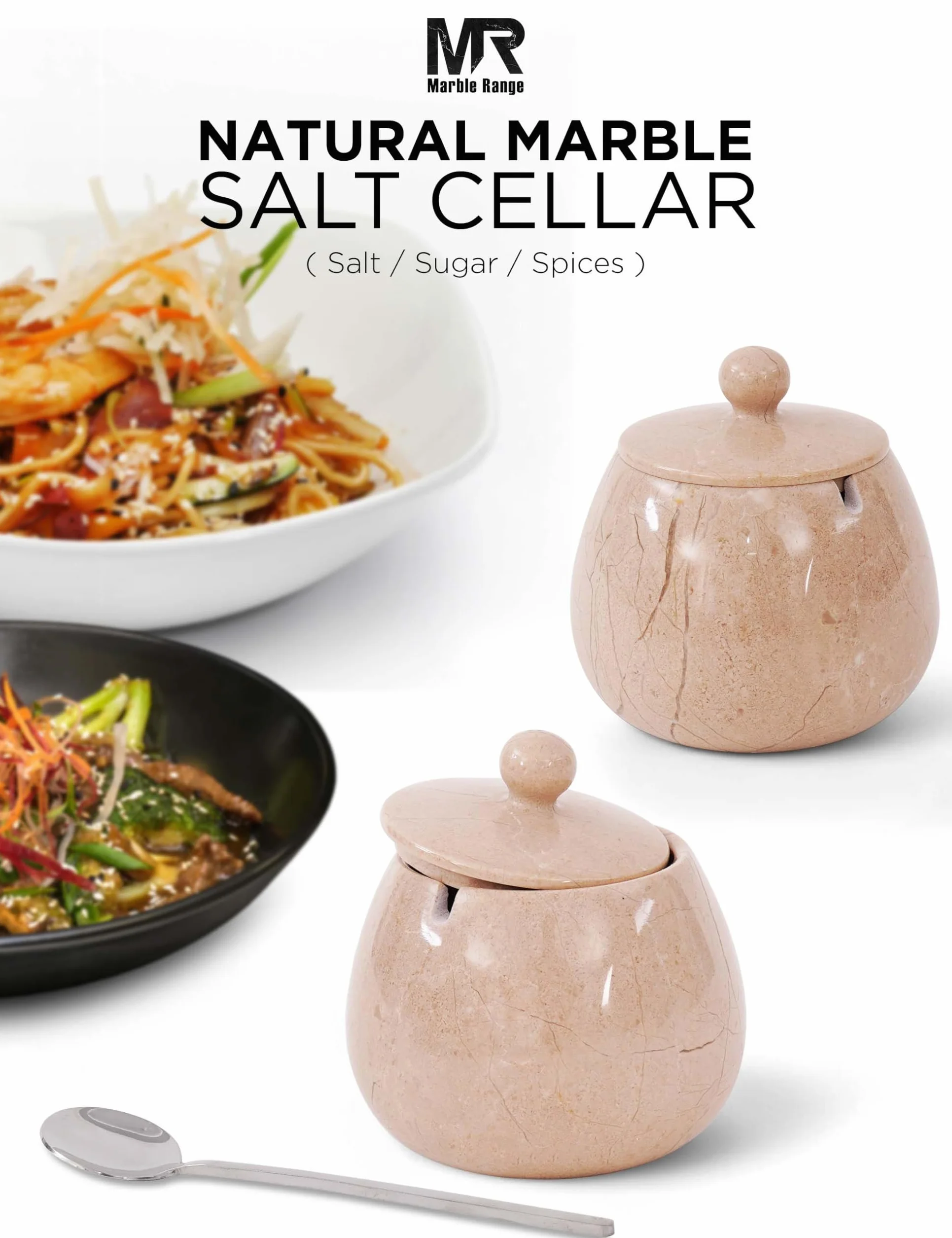 Salero de mármol con tapa de 4 pulgadas, caja de sal hecha a mano, cuenco de sal y pimienta, soporte de sal con tapa y cuchara, bodega de sal para almacenamiento de cocina, recipientes de sal y
