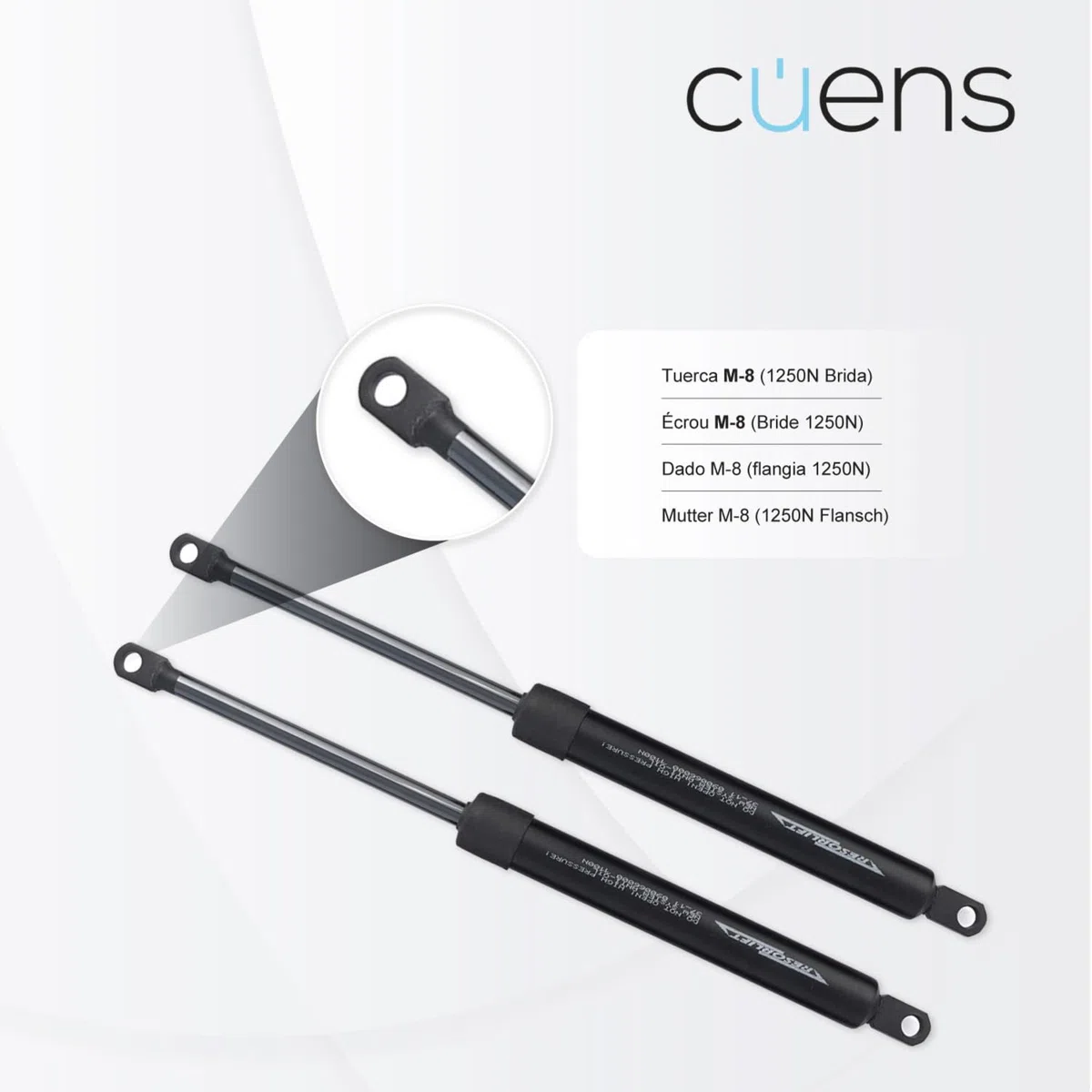 Juego de 2 amortiguadores o Resortes de Gas para canapés de 1150N - Brida M-8 - Ideal para canapés de 135cm - Cuens