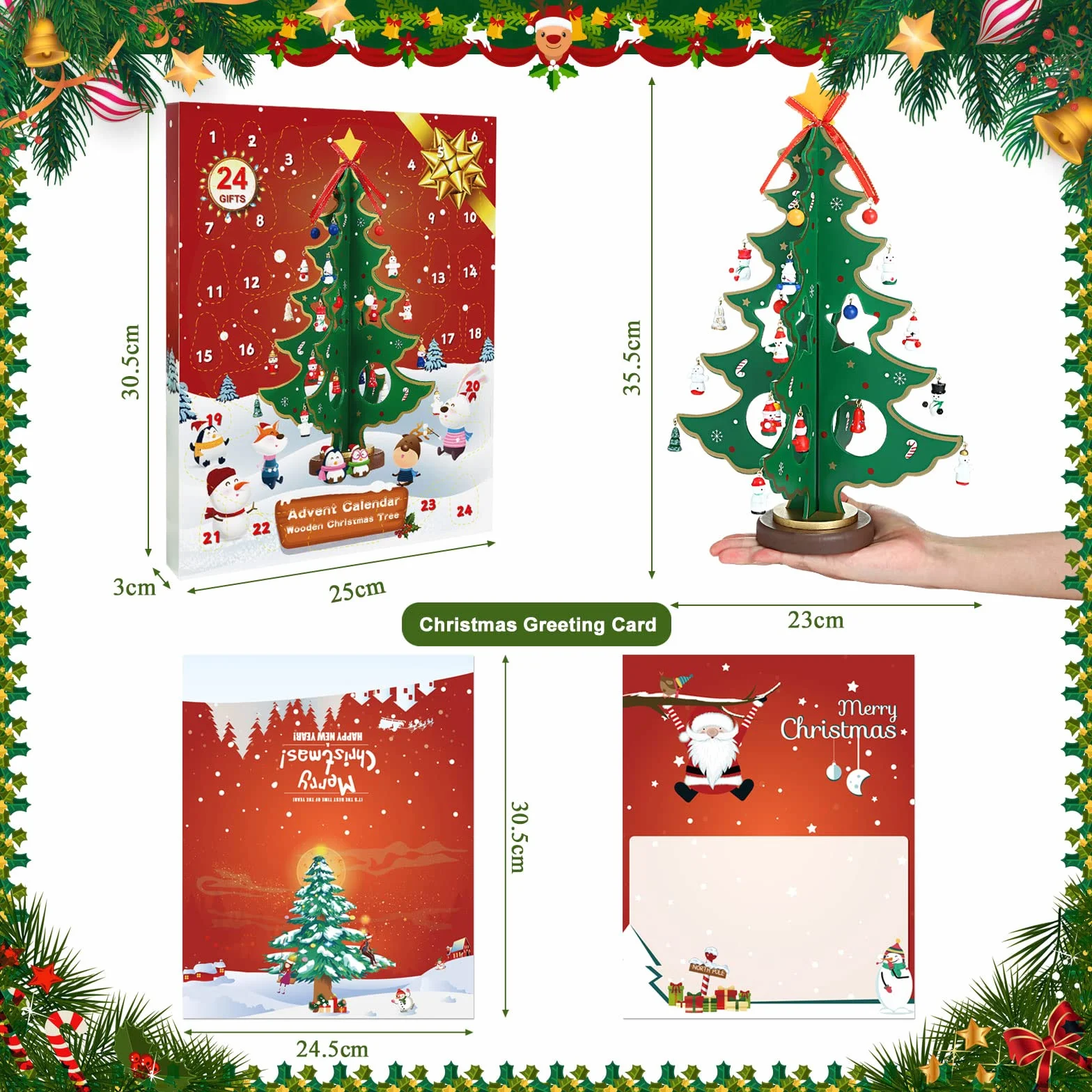 LEMESO Calendario de Adviento Árbol de Navidad Madera 3D con 24 Decoraciones Colgantes 35,5cm