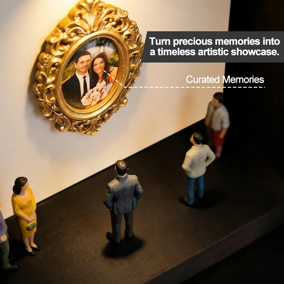 Mini caja de silueta de museo, juego de recordatorio de fotos con 8 mini marcos de fotos dorados y 8 figuras aleatorias, marco de fotos creativo con luz LED para aniversario, boda, decoración del