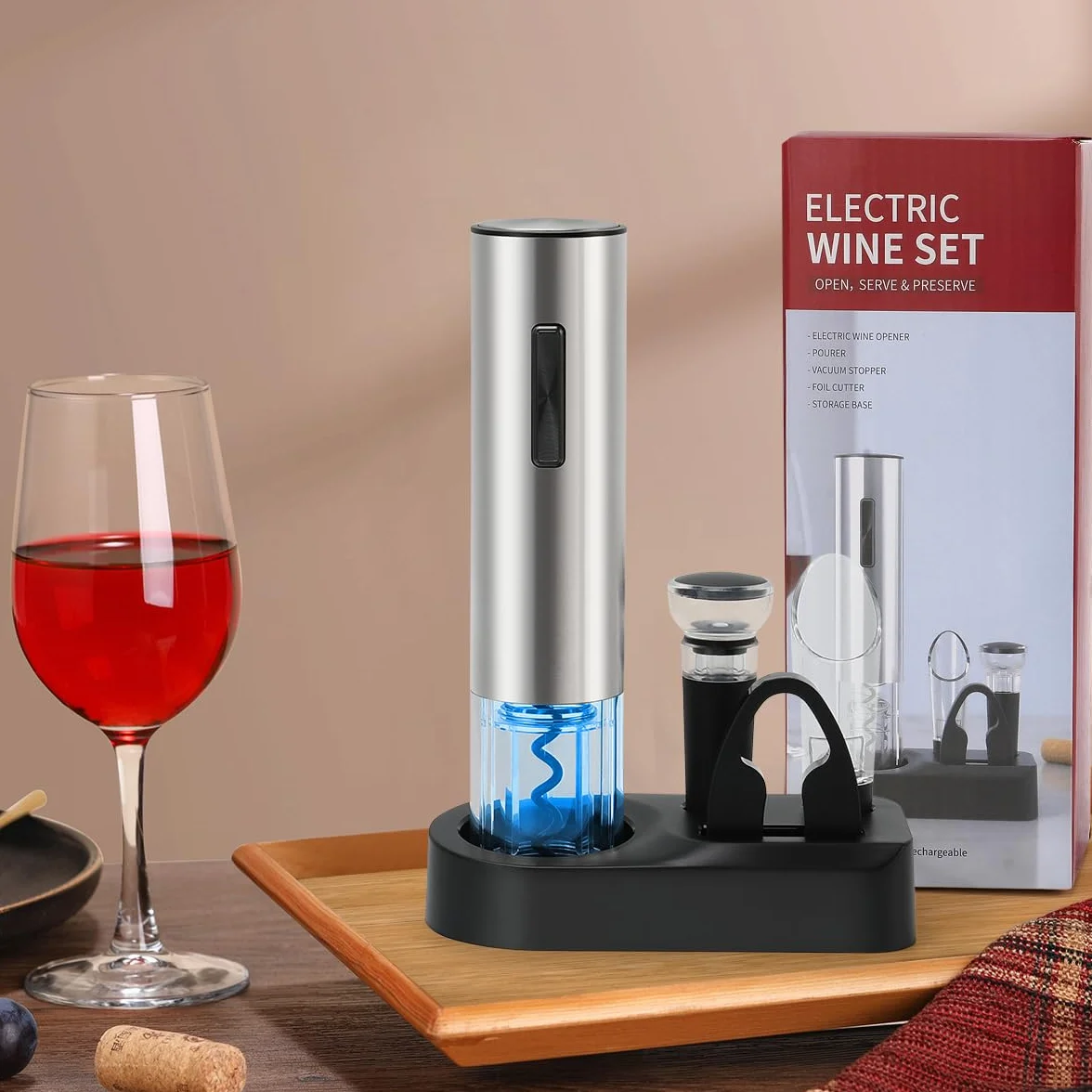 ZOYIDOUX Abridor de vino eléctrico recargable 7 en 1 de acero inoxidable Juego de regalo,Sacacorchos eléctrico con base,Cortador,Tapón de vacío de silicona,Tapón para vino,Vertedor,Línea USB