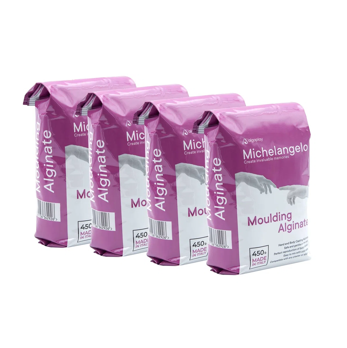 Michelangelo Moulding Alginate 1800 g (4 sobres de 450 g) Alginato cromático para huellas de alta precisión, perfecto para moldear las manos o el cuerpo. Fabricado en Italia.