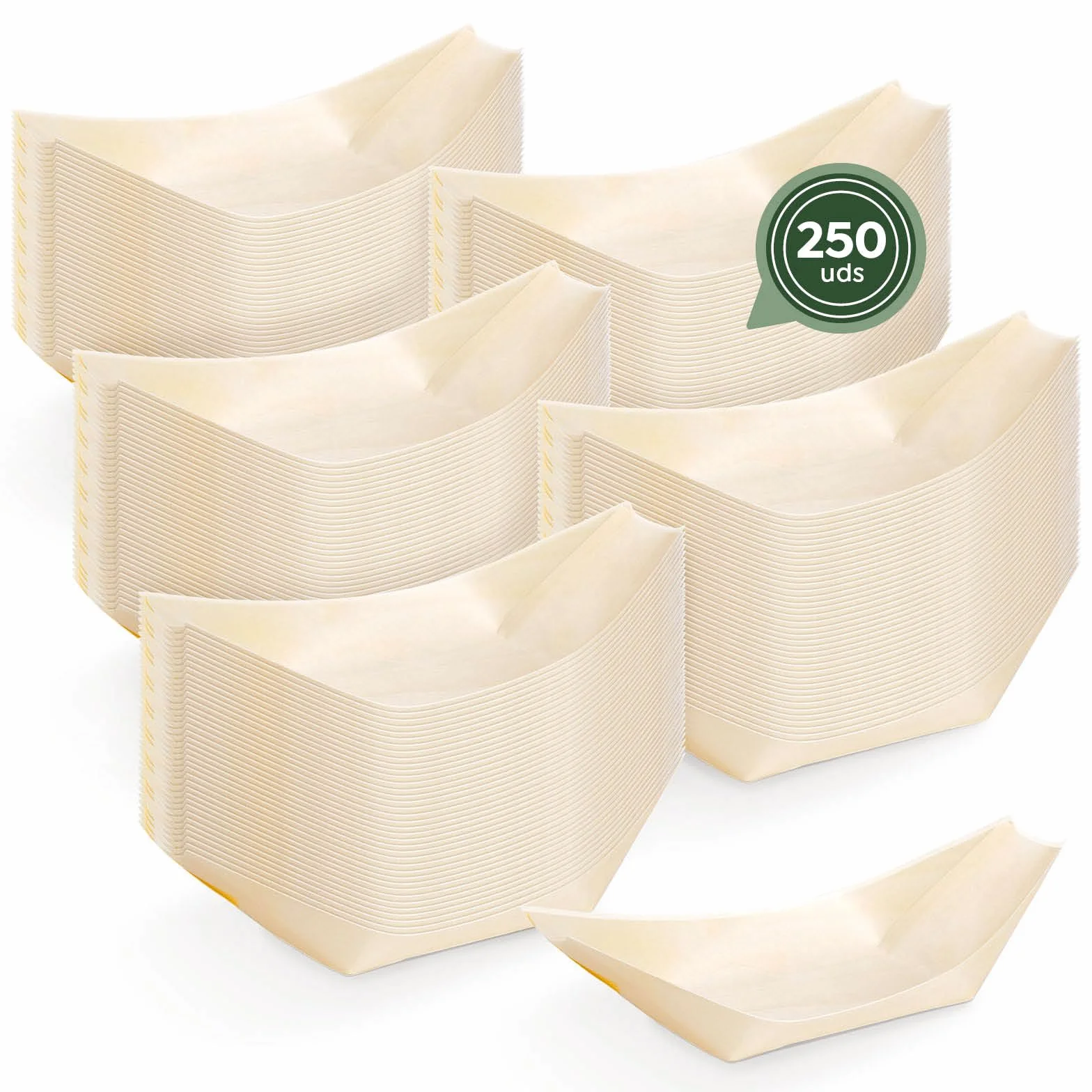 Horeca Collection MAXI PRODUCTS - 250 Barquillas de Madera Desechables - Cuencos Catering Aperitivos Desechable - Cuenco Madera Cocktail - Barquillas Madera 8 x 6 x 1,5 cm - PRÁCTICO Y APILABLE