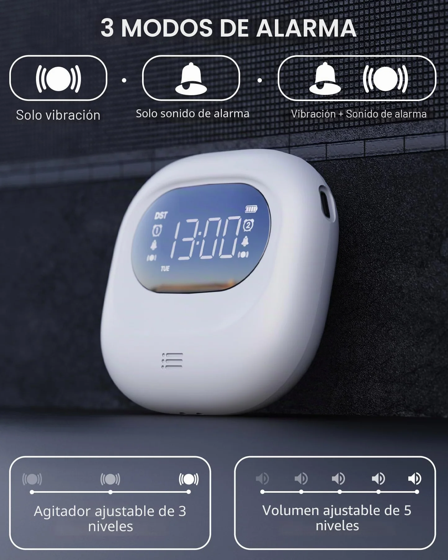 ROCAM Despertador con vibración para Personas Que Duermen Mucho, Funciona con Pilas, Volumen Ajustable en 5 Niveles, Alarma Doble/Fin de Semana, Snooze, 12/24H, DST, Reloj Digital portátil