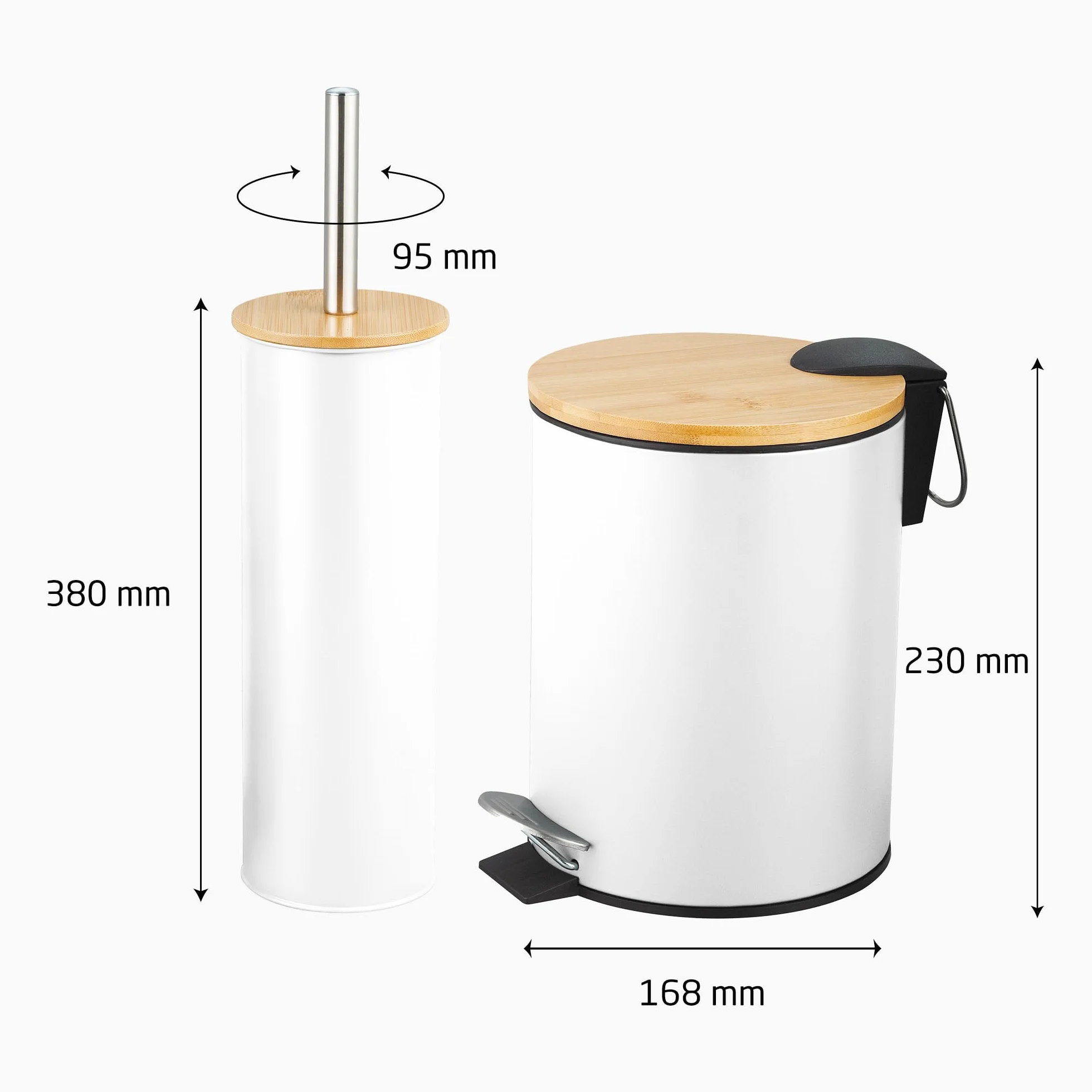 Amig - Pack de Papelera y Escobillero Naturline - Ø168 x 230 mm - Acero y Bambú - Color Blanco - Juego de Baño Compacto y Coordinado - Ideal para Espacios Modernos y Naturales