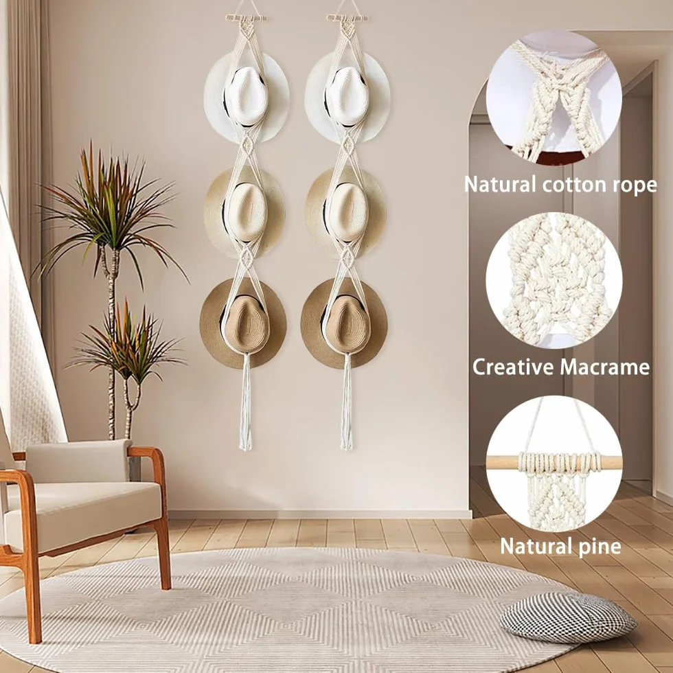 Paquete de 2 perchas para sombreros de macramé, soporte de cuerda de algodón para sombreros, soporte para gorras, perchas para puertas para sombreros de ala ancha, bufandas, bolsos, toallas