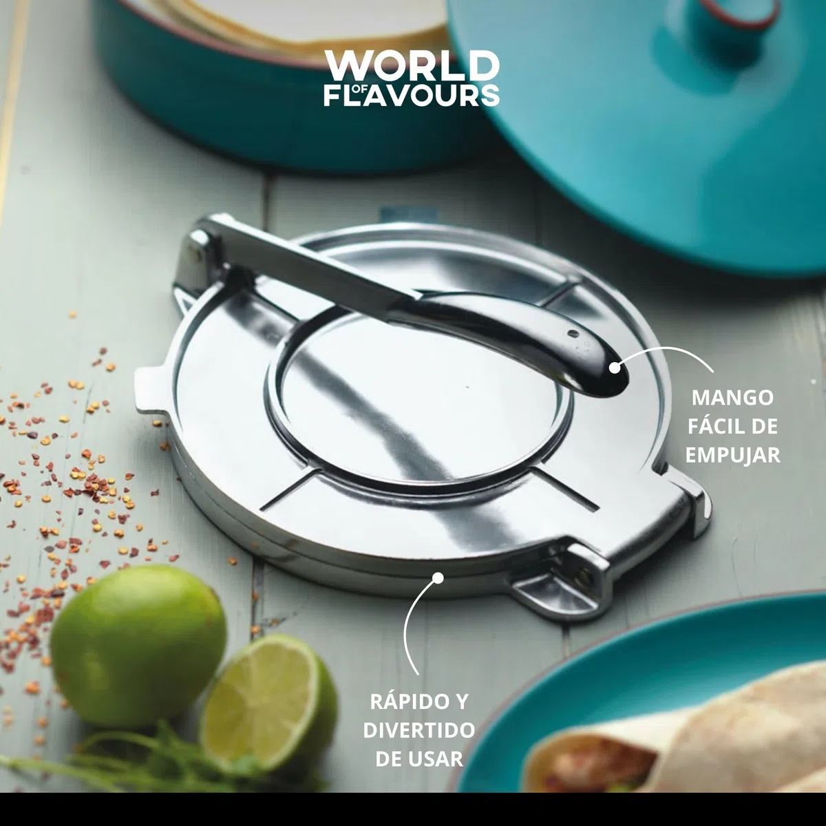 KitchenCraft - World of Flavours - Prensa de Tortillas Mexicanas en Caja de Regalo, Aluminio, Color Plateado, 20 x 20 x 9 cm