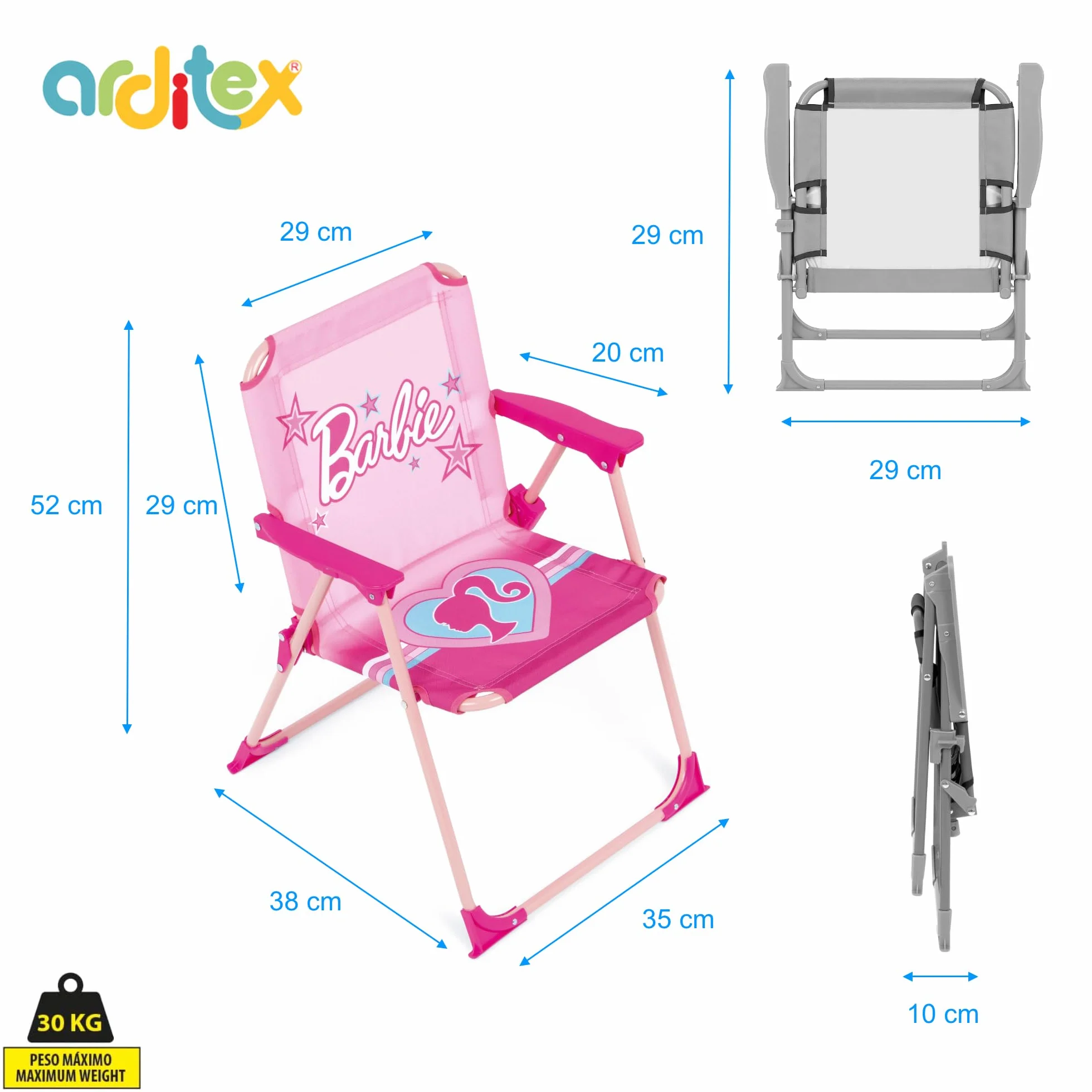 ARDITEX Silla Plegable con Brazos de Barbie - 38x32x53cm - Adecuado para jardín, Camping, Playa o montaña - Ideal para niños y niñas.