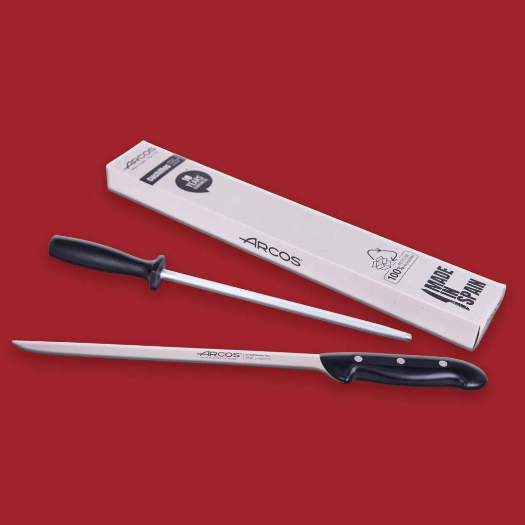 Arcos jamonero Profesional | Cuchillo jamonero jamonero Inoxidable Nitrum | Mango Negro | Cuchillo Jamon iberico | Serie Maitre| Hoja Flexible y Filo Liso | 275 mm | Acero Inoxidable NITRUM