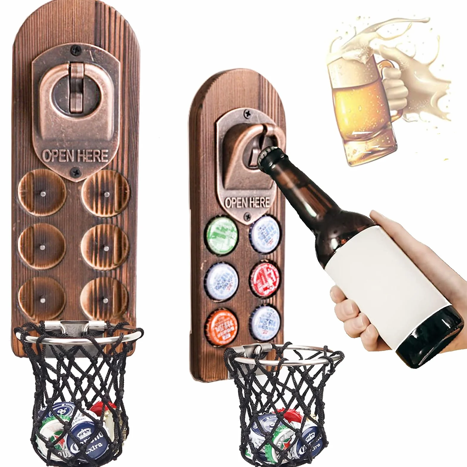Abridor Cerveza Pared con Imanes Nevera, Abridor Magnético Madera Retro, Abrebotellas Cerveza con Colector Tapa Botella