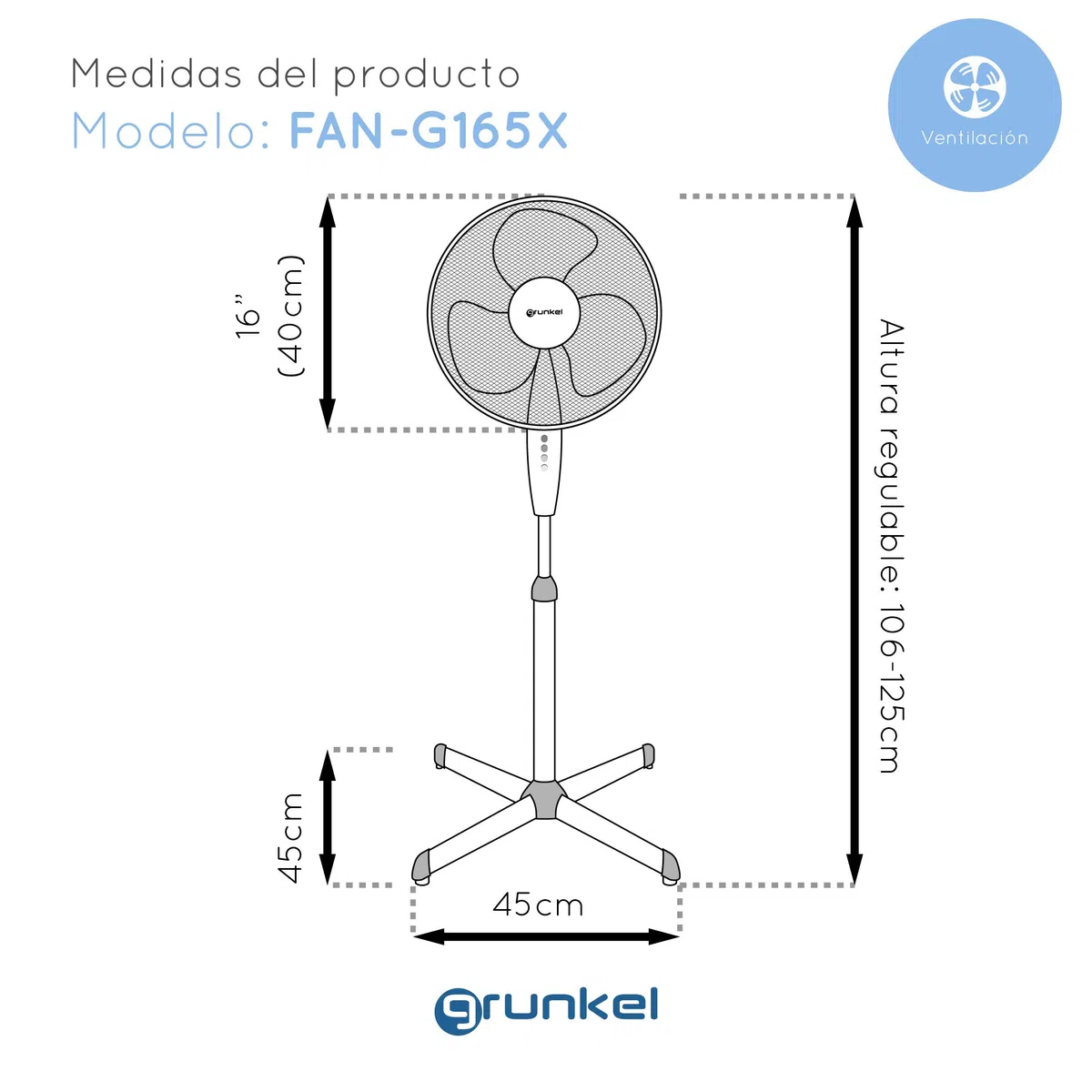 Grunkel Ventilador de Pie FAN-165 de 50W- 16" 40cm de diametro con 3 Velocidades y 5 aspas, Altura Regulable hasta 118cm. Cabezal inclinable, oscilación 90° y cable de 1,4m - 50W (Blanco)