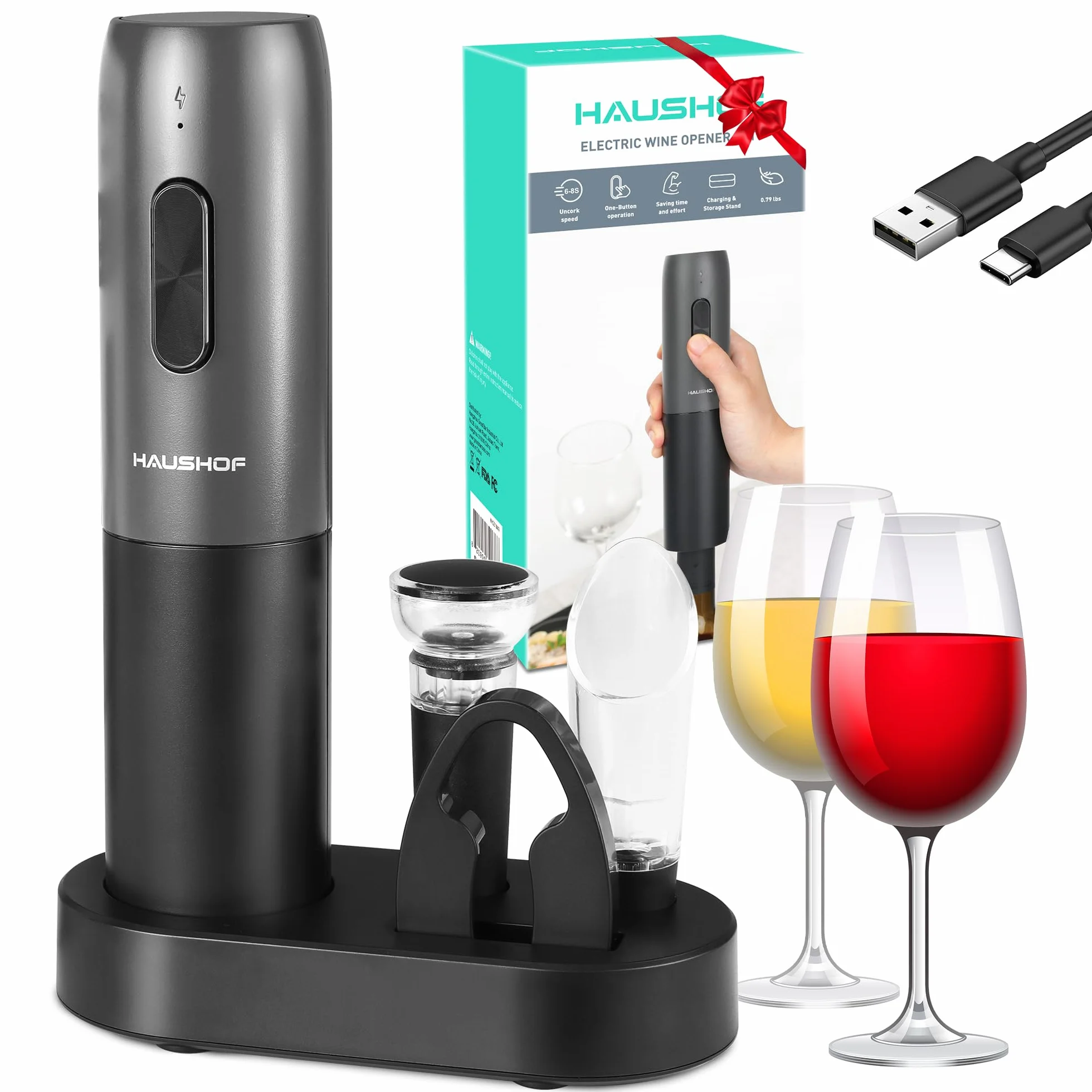 HAUSHOF Sacacorchos Eléctrico Recargable 6 en 1, Abridor de Vino Automático con Cortador de Láminas, Tapón al Vacío, Vertedor, Cable USB-C y Base