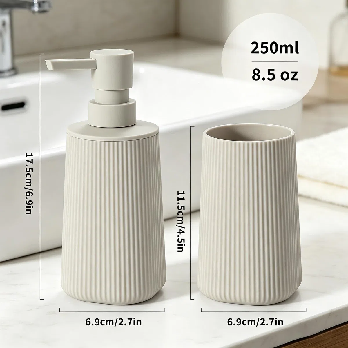 GAHEFY Juego de 2 accesorios de baño dispensador de jabón 250 ml vaso cepillo dientes plástico ABS beige