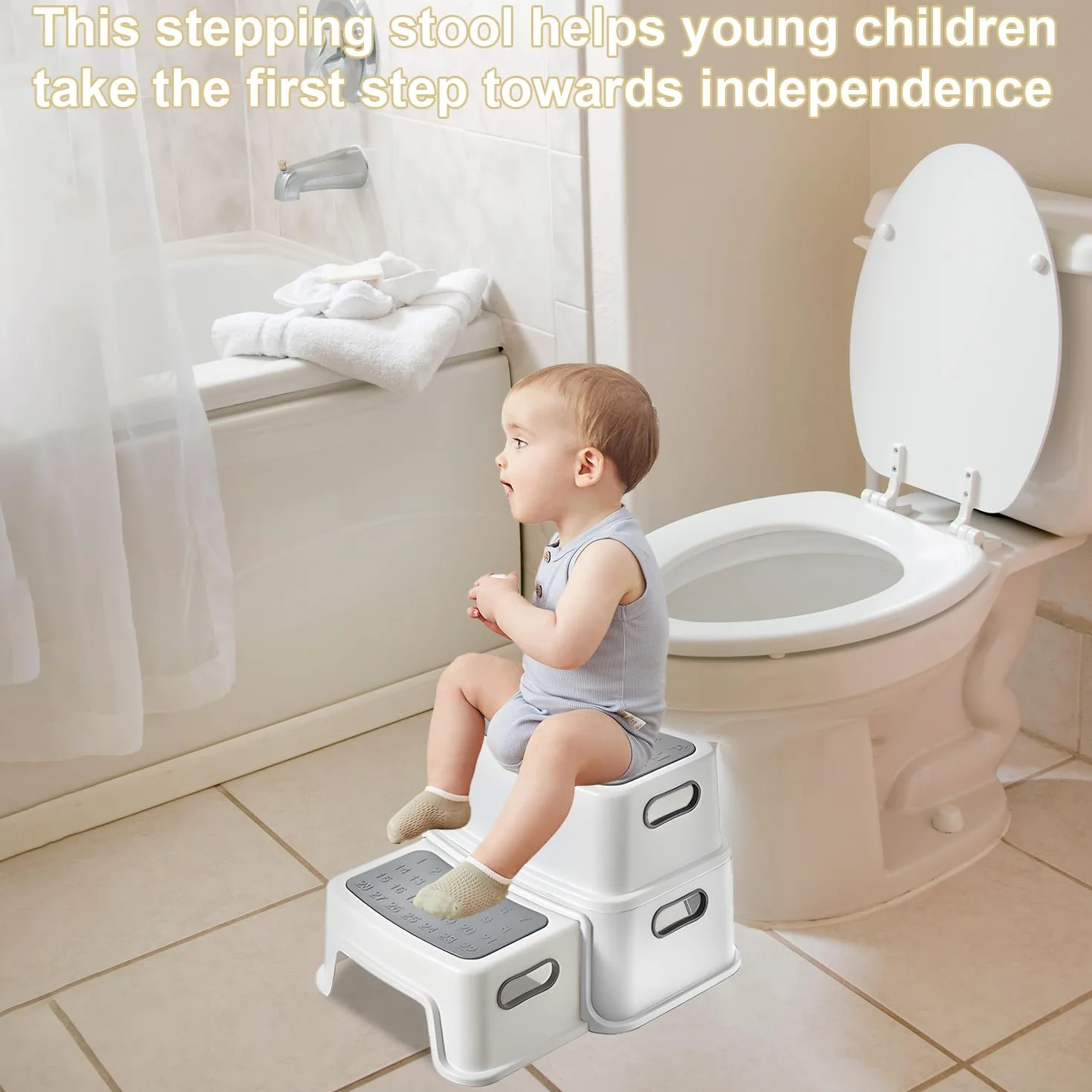 Taburete infantil 2 niveles protección cantos 1 m pies antideslizantes antivuelco peldaños perfilados para baño aseo cocina habitación infantil pálido