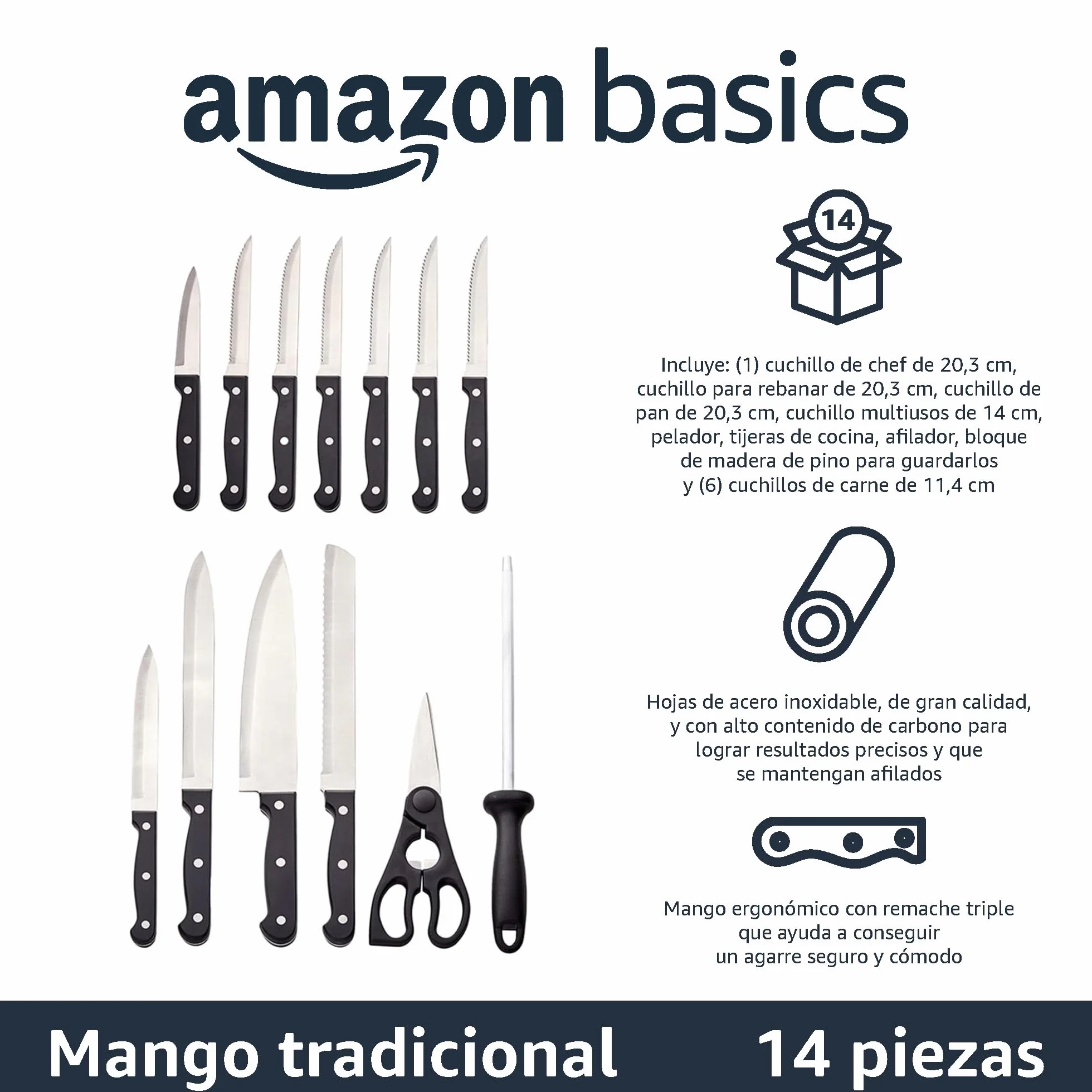 Amazon Basics Juego de Cuchillos de Cocina y Soporte (14 Piezas), Negro
