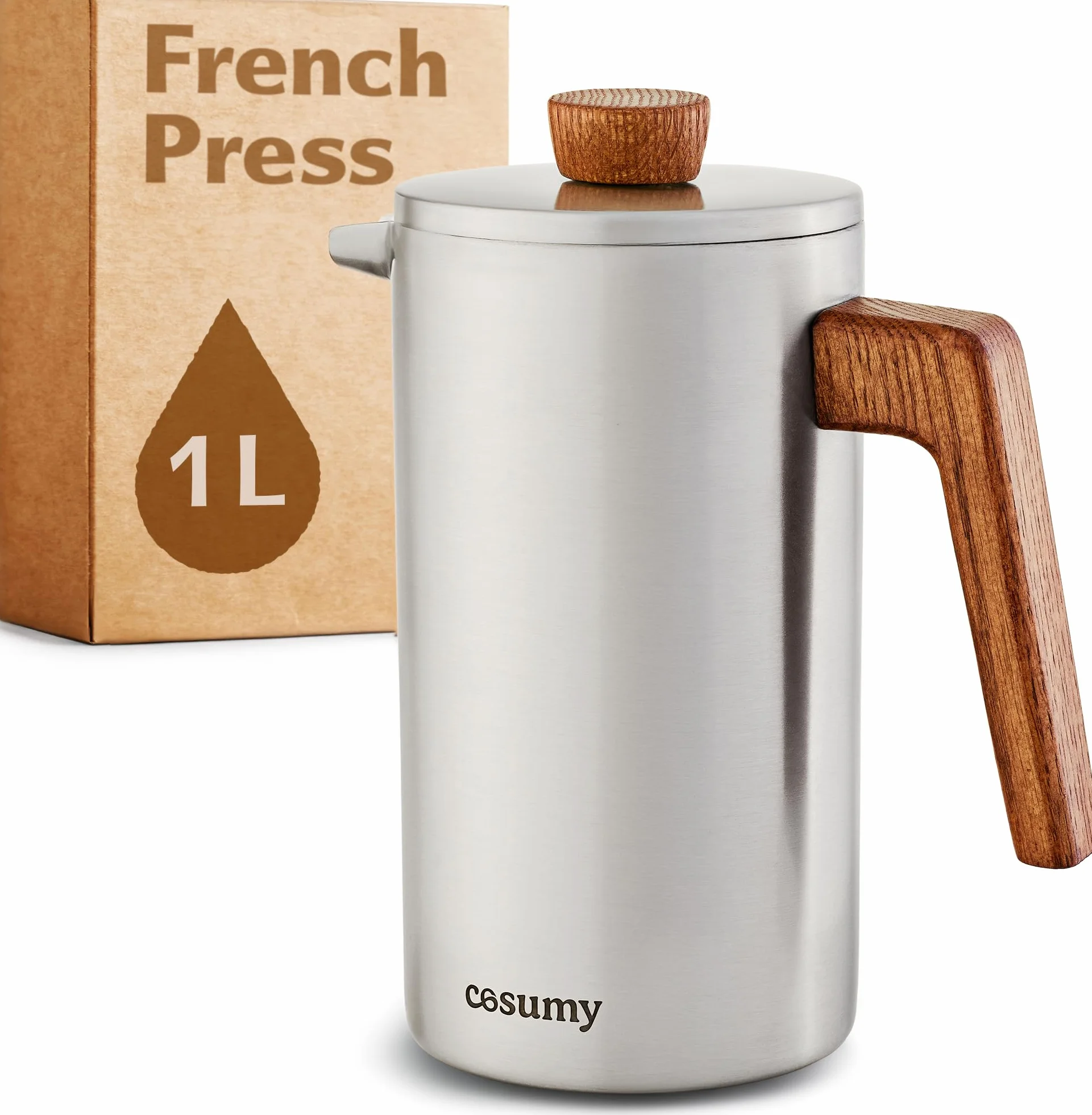 Cafetera Francesa 1L Acero Inoxidable Madera Roble Doble Pared Aislada 5 Tazas 2 Filtros
