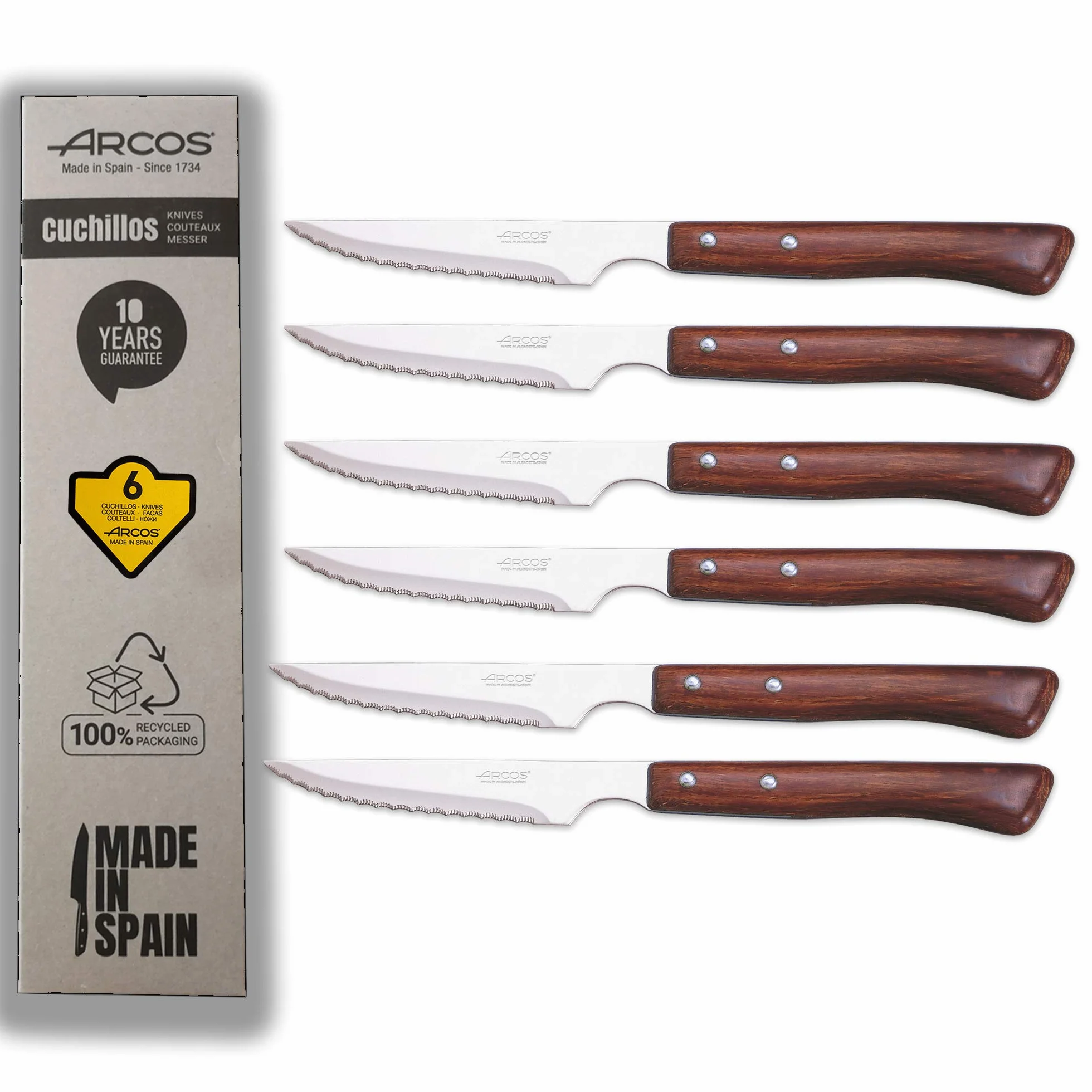 Arcos | cuchillos chuleteros cuchillo madera cuchillo chuletero | 6 Piezas | juego cuchillos carne | cuchillos mango madera | Envase Eco | Fabricado en España