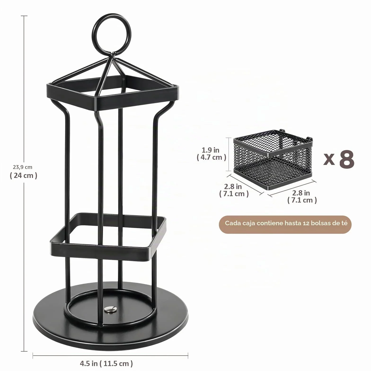 Puricon Organizador de Té, Estante Giratorio 8 Compartimentos para Almacenar Bolsitas de Té e Infusiones de Acero -Negro
