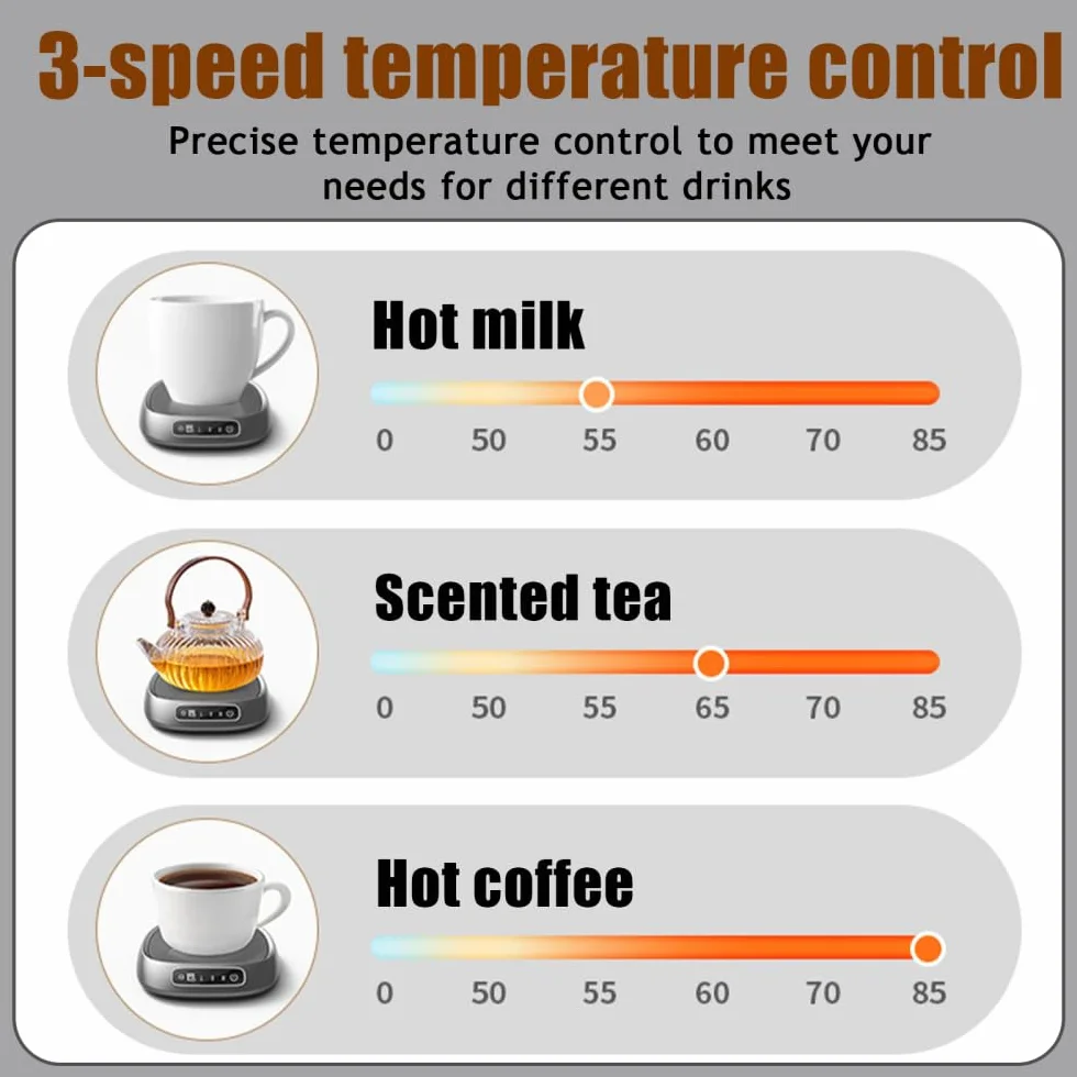 Calentador de Tazas de café, Calentador de Tazas Inteligente, 3 configuraciones de Temperatura, Posavasos calentado con Pantalla Inteligente para café, té, Bebidas, Leche