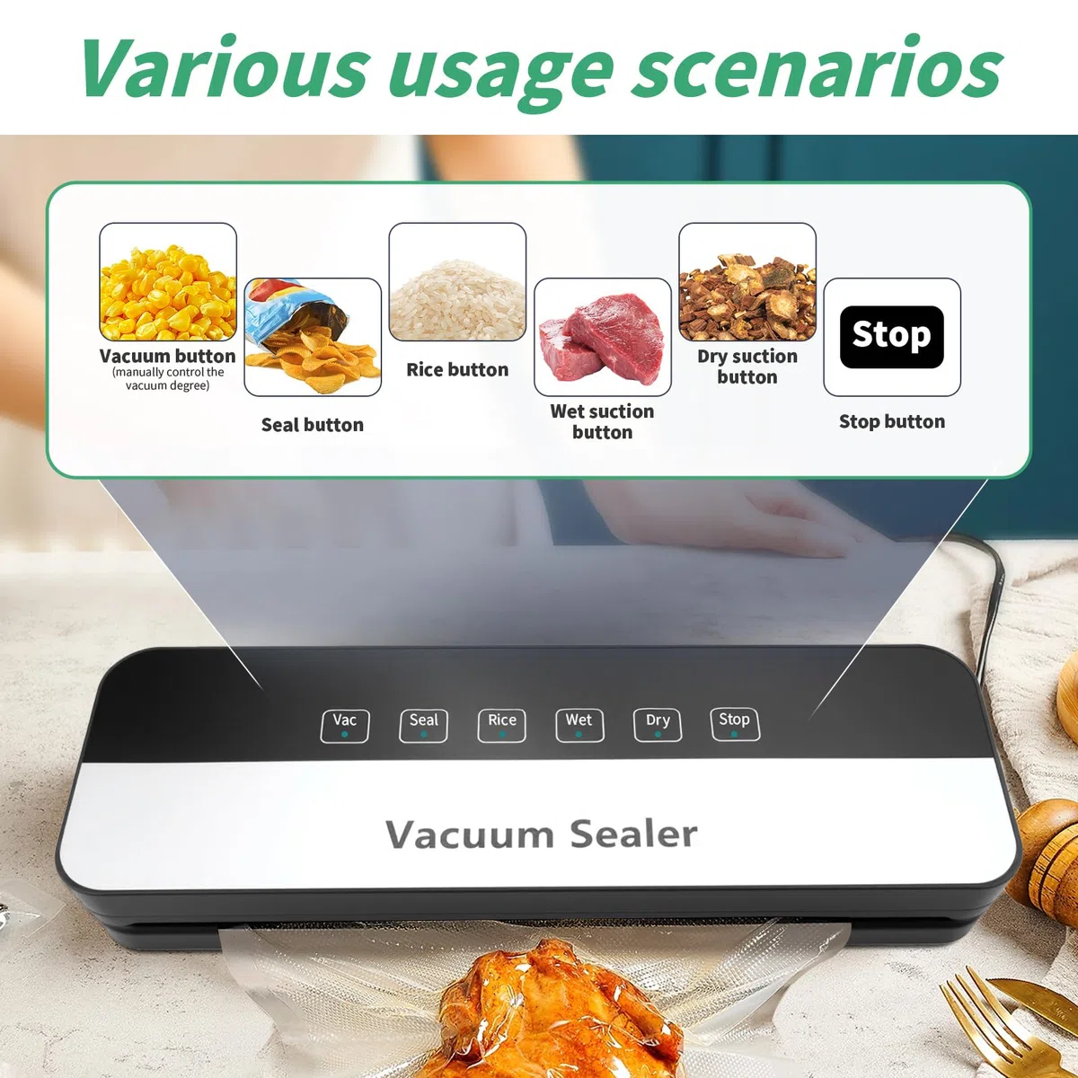 Envasadora al vacío 6 en 1 para alimentos en modo seco/húmedo, sellador de película de alimentos con bolsa de vacío