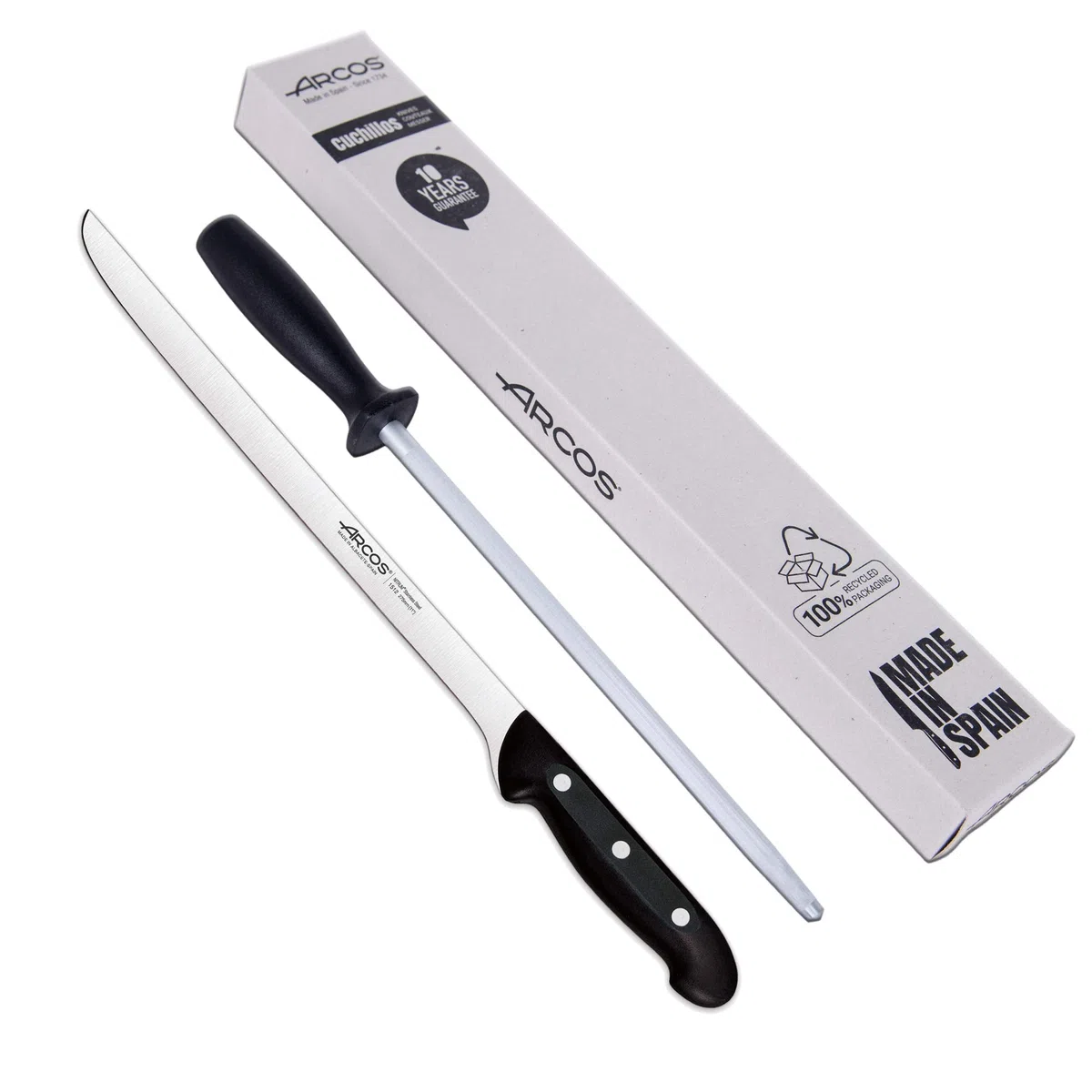 Arcos jamonero Profesional | Cuchillo jamonero jamonero Inoxidable Nitrum | Mango Negro | Cuchillo Jamon iberico | Serie Maitre| Hoja Flexible y Filo Liso | 275 mm | Acero Inoxidable NITRUM