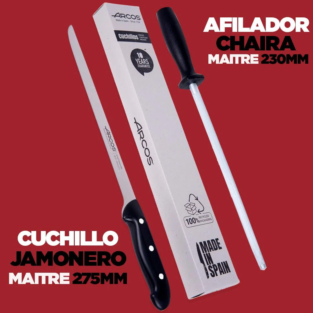 Arcos jamonero Profesional | Cuchillo jamonero jamonero Inoxidable Nitrum | Mango Negro | Cuchillo Jamon iberico | Serie Maitre| Hoja Flexible y Filo Liso | 275 mm | Acero Inoxidable NITRUM