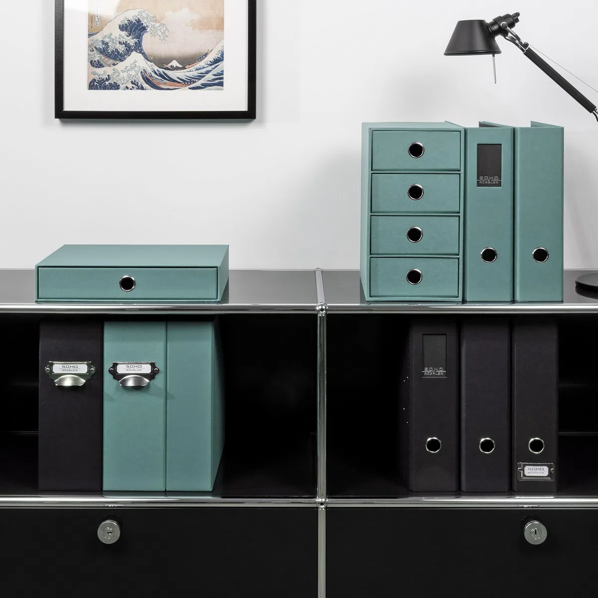 Rössler SOHO Caja de almacenamiento para CD, organizador con cajón, almacenamiento y organización, 143 x 158 x 261 mm, 1 unidad, color: verde, azul, ópalo