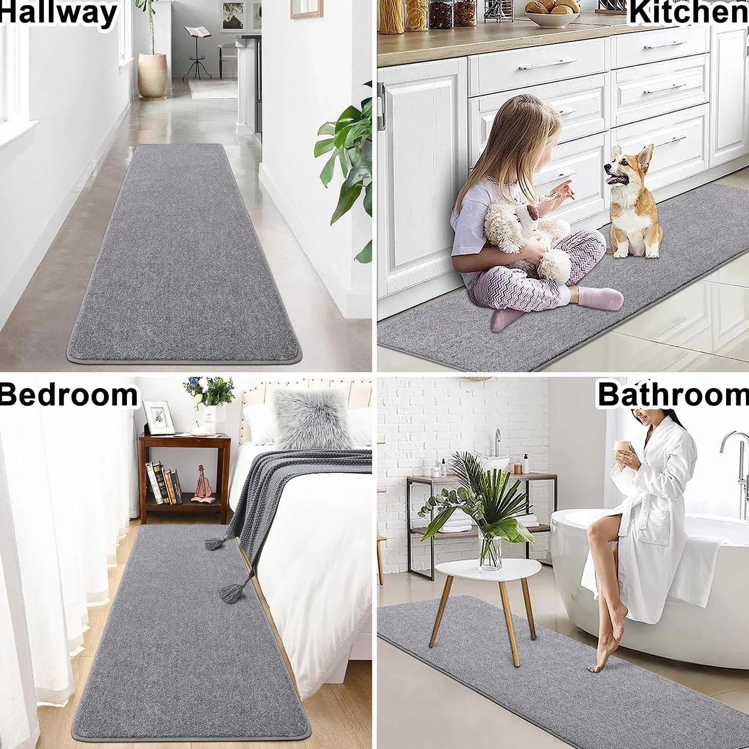 SHACOS Alfombra de pasillo gris 50x150 cm, antideslizante, lavable, parte trasera goma