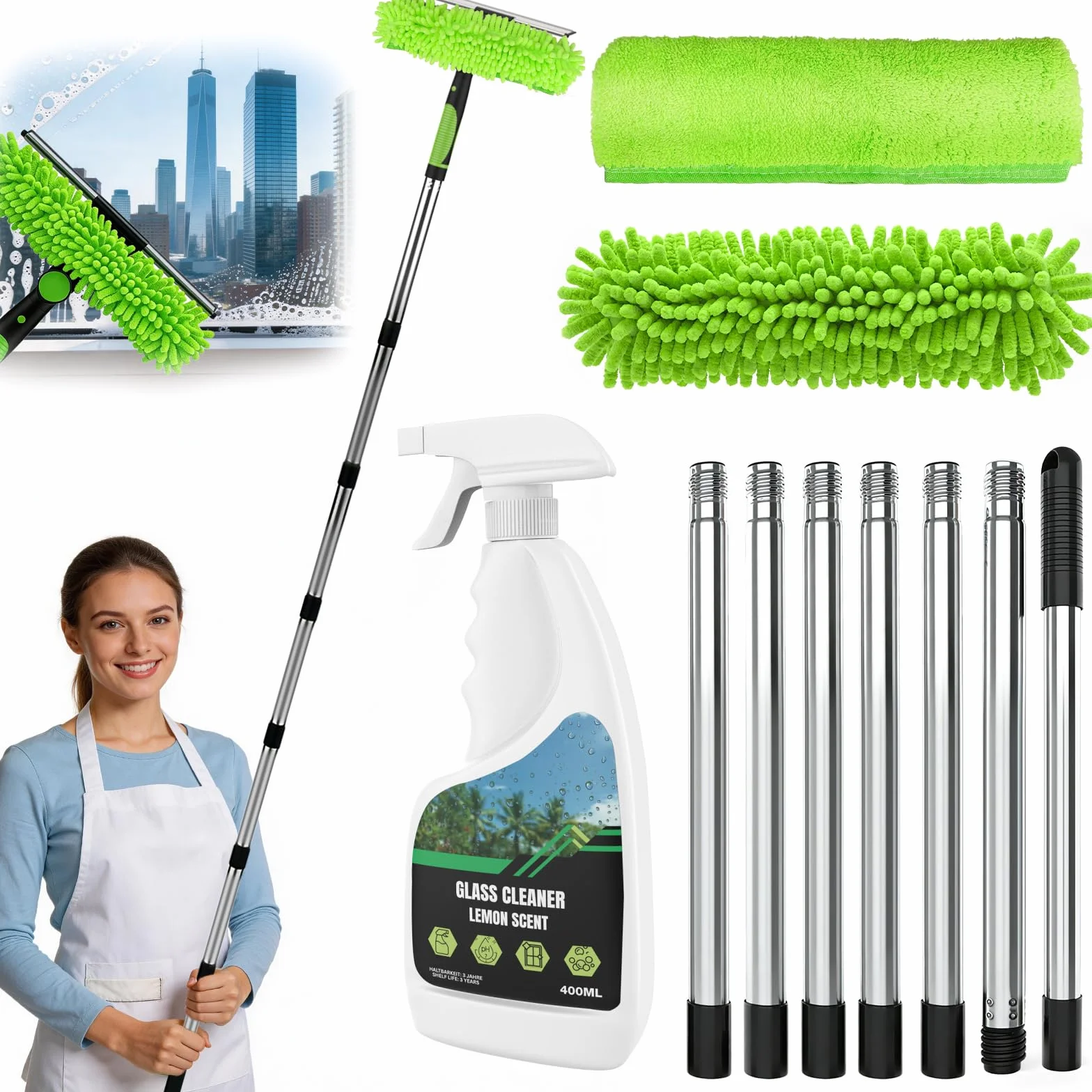 CLOPAE 3M Limpia Cristales con Mango Extensible, 2 en 1 Limpiador de Cristales con 400ML Limpia Ventanas, Kit Limpiacristales Profesional para Ducha Cristal Espejo Puerta Coche