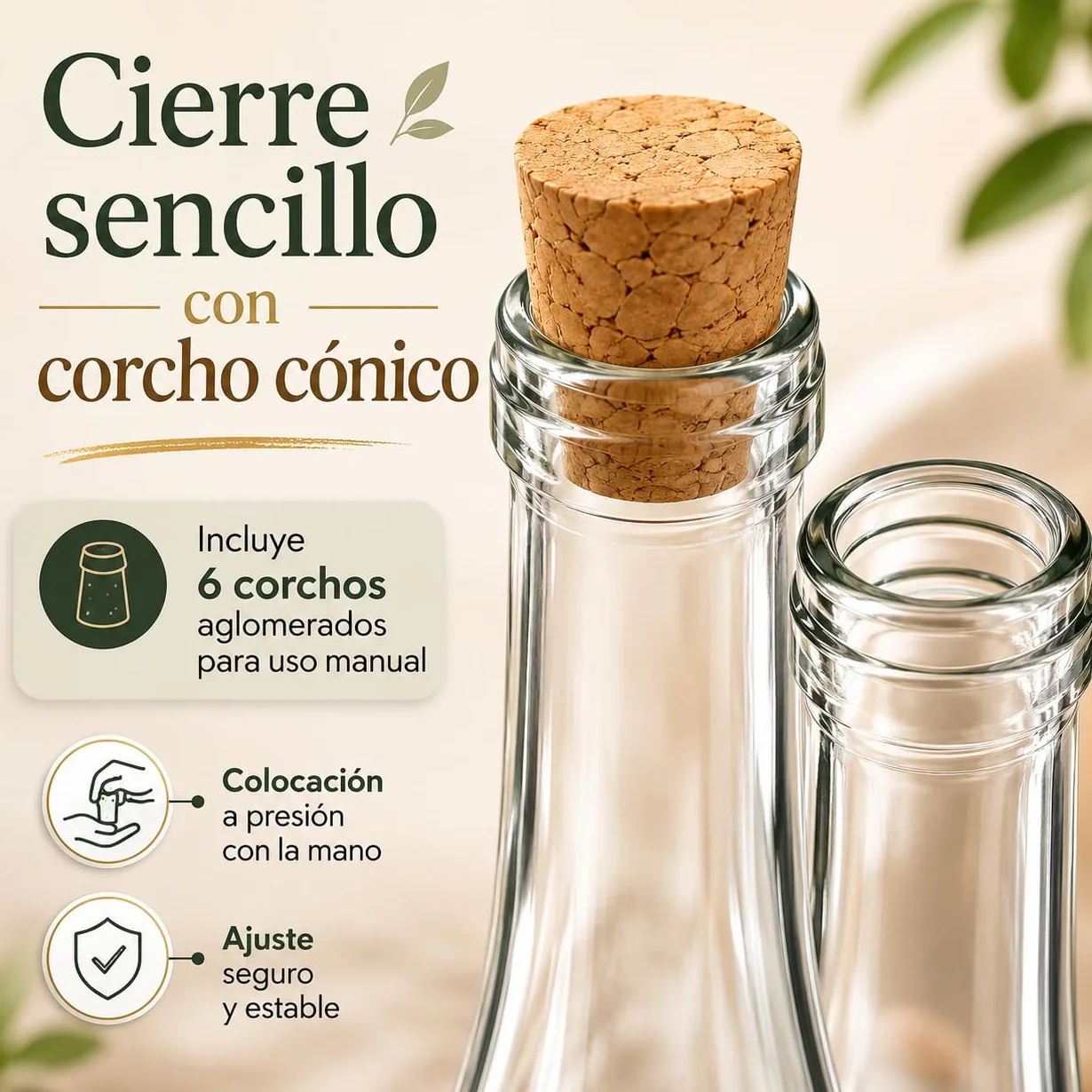Botellas Vacías para Vino 750 ml Vidrio Transparente Pack 6 Corcho Cónico