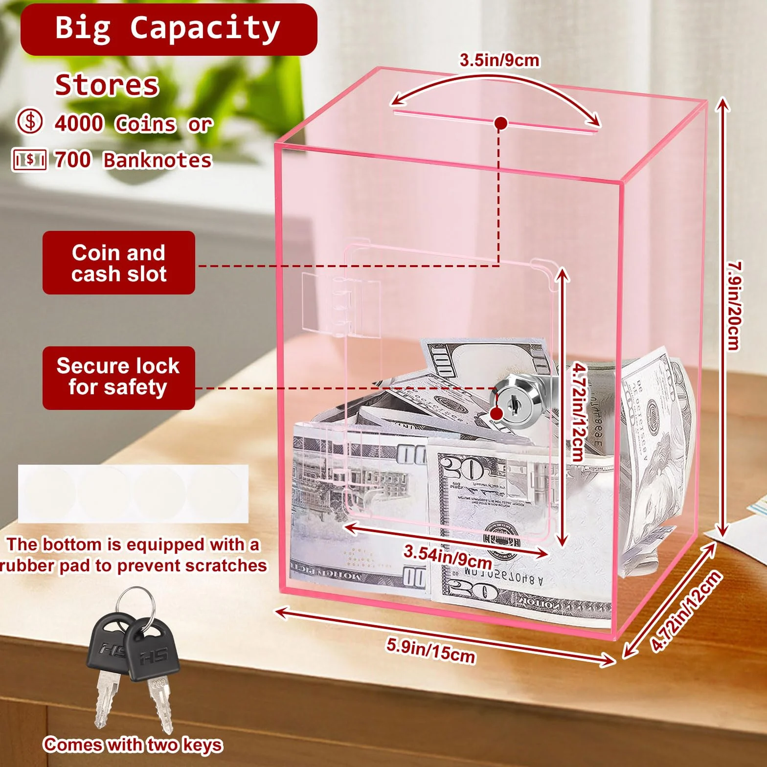 Hucha Transparente de Acrílico con Llave, 15x12x20cm, Caja de Donaciones con Cerradura, Contenedor para Monedas y Billetes