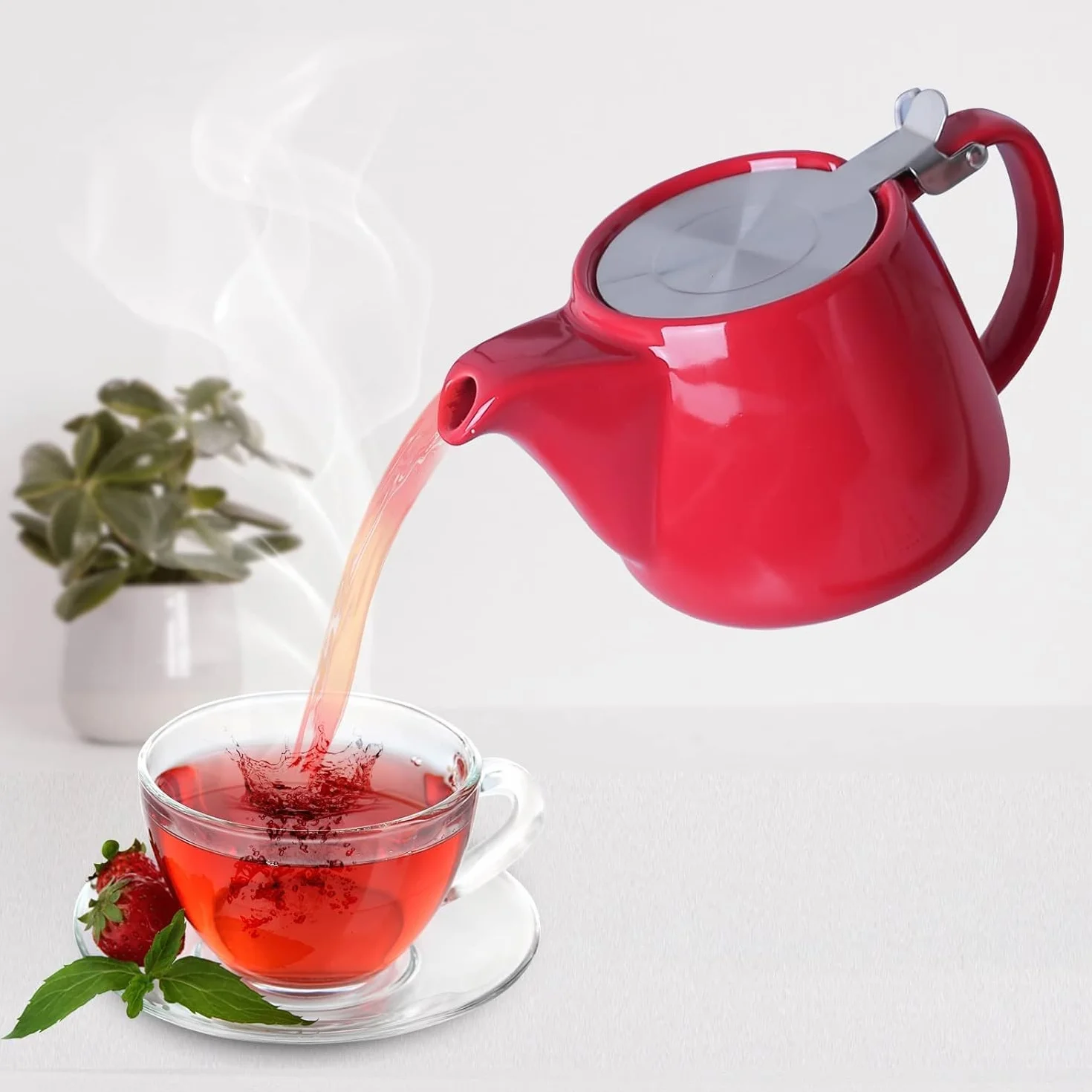 VIVILINEN Tetera con Infusor Extraíble y Tapa Metálica de 1,2 litros, Cerámica para Té en Hojas y Té a Granel