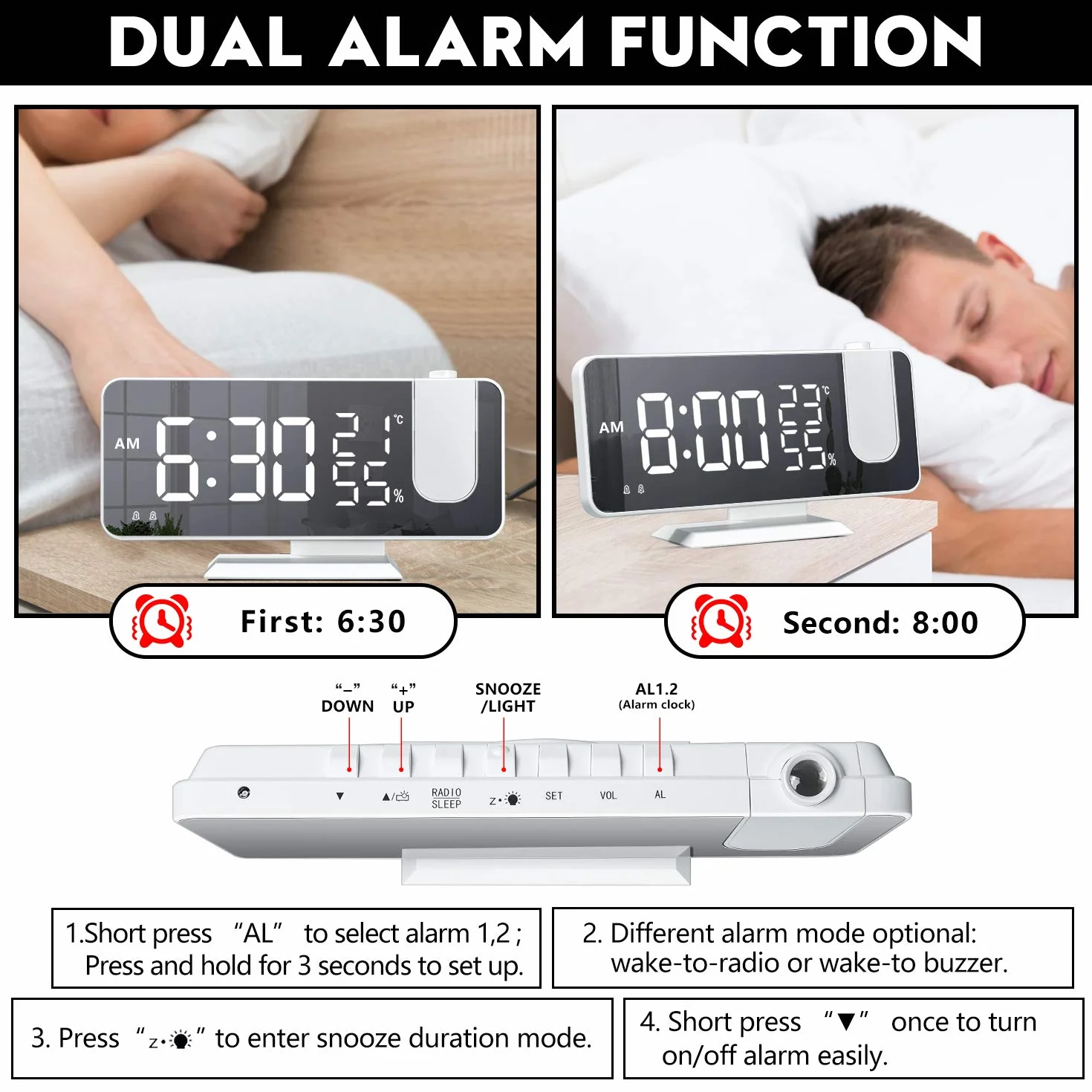 DollaTek Radio LED Projection Alarm Clock Digital Temperature Humidity White