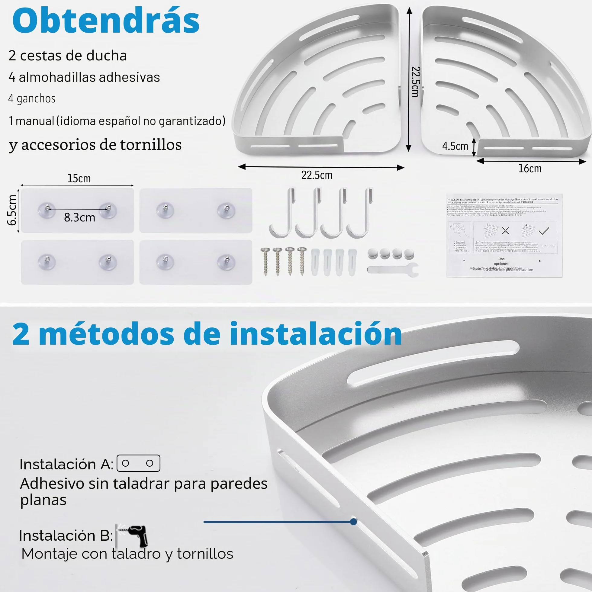 Estanteria Ducha Estante Baño sin Taladro Adhesivo Estantería Esquina Pared Organizador Baño Rinconera Ducha de Aluminio Plata 2 Piezas Cesta Ducha Soporte para Champú y Gel