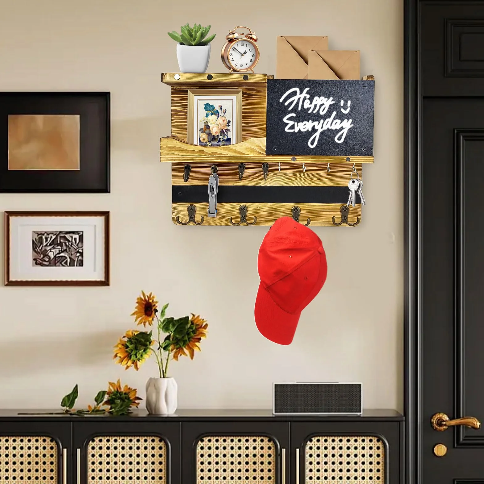 Porta Llaves de Pared de Madera con Compartimento de Almacenamiento, 8 Ganchos y 4 Ganchos Dobles, con Tablón de Anuncios, Apto para Llaves, Sombreros, Ropa, Bolsos