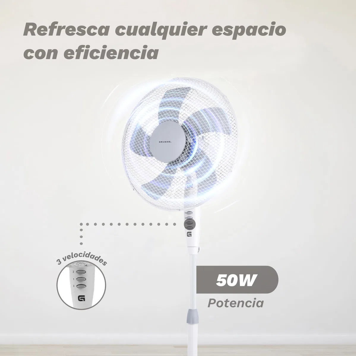 Grunkel Ventilador de Pie FAN-165 de 50W- 16" 40cm de diametro con 3 Velocidades y 5 aspas, Altura Regulable hasta 118cm. Cabezal inclinable, oscilación 90° y cable de 1,4m - 50W (Blanco)