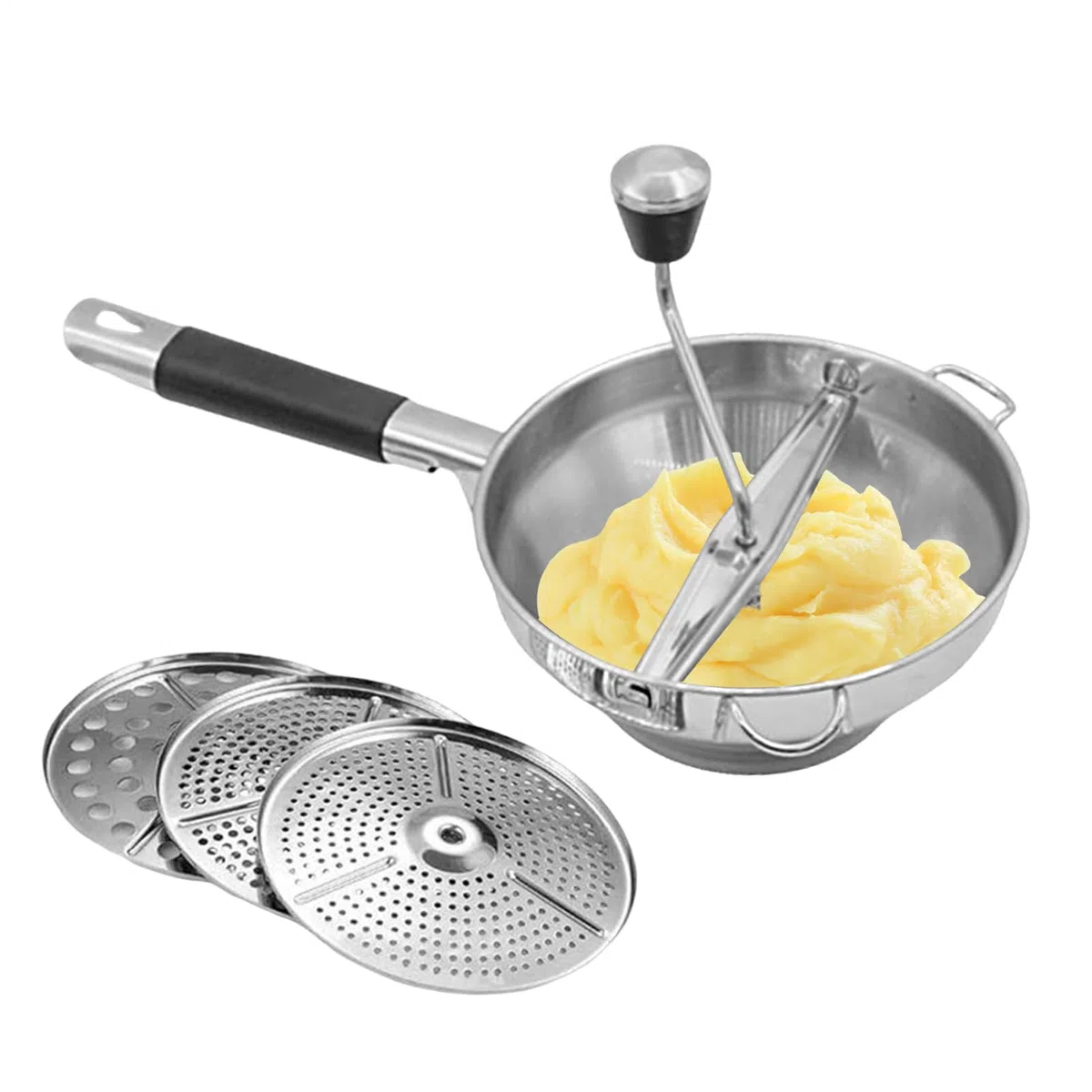 Pasapuré - Acero inoxidable 38 centímetros | Prensapuré manual con discos reemplazables, preparación de comidas, comida para bebés, prensapuré manual de acero inoxidable