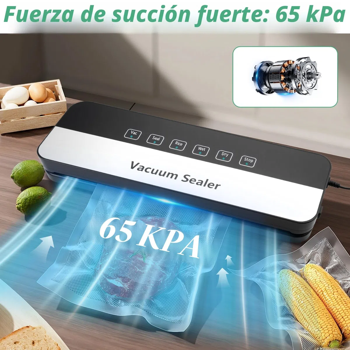 Envasadora al vacío 6 en 1 para alimentos en modo seco/húmedo, sellador de película de alimentos con bolsa de vacío