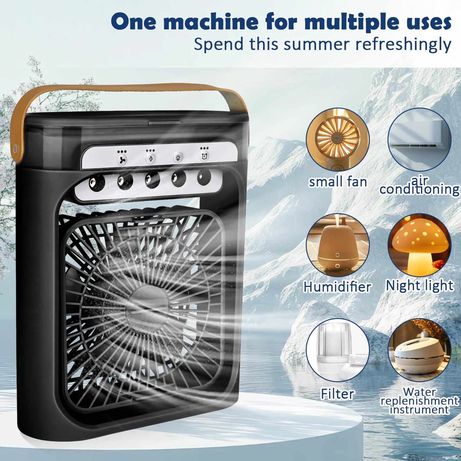 Mini Aire Acondicionado Portatil 4 en 1 Enfriador de Aire Pequeño con 600 ml Tanque, 3 Velocidades, 3 Nebulización, 2-6H Cronometrado, 6 LED Ventilador Refrigerador para Dormitorio Oficina