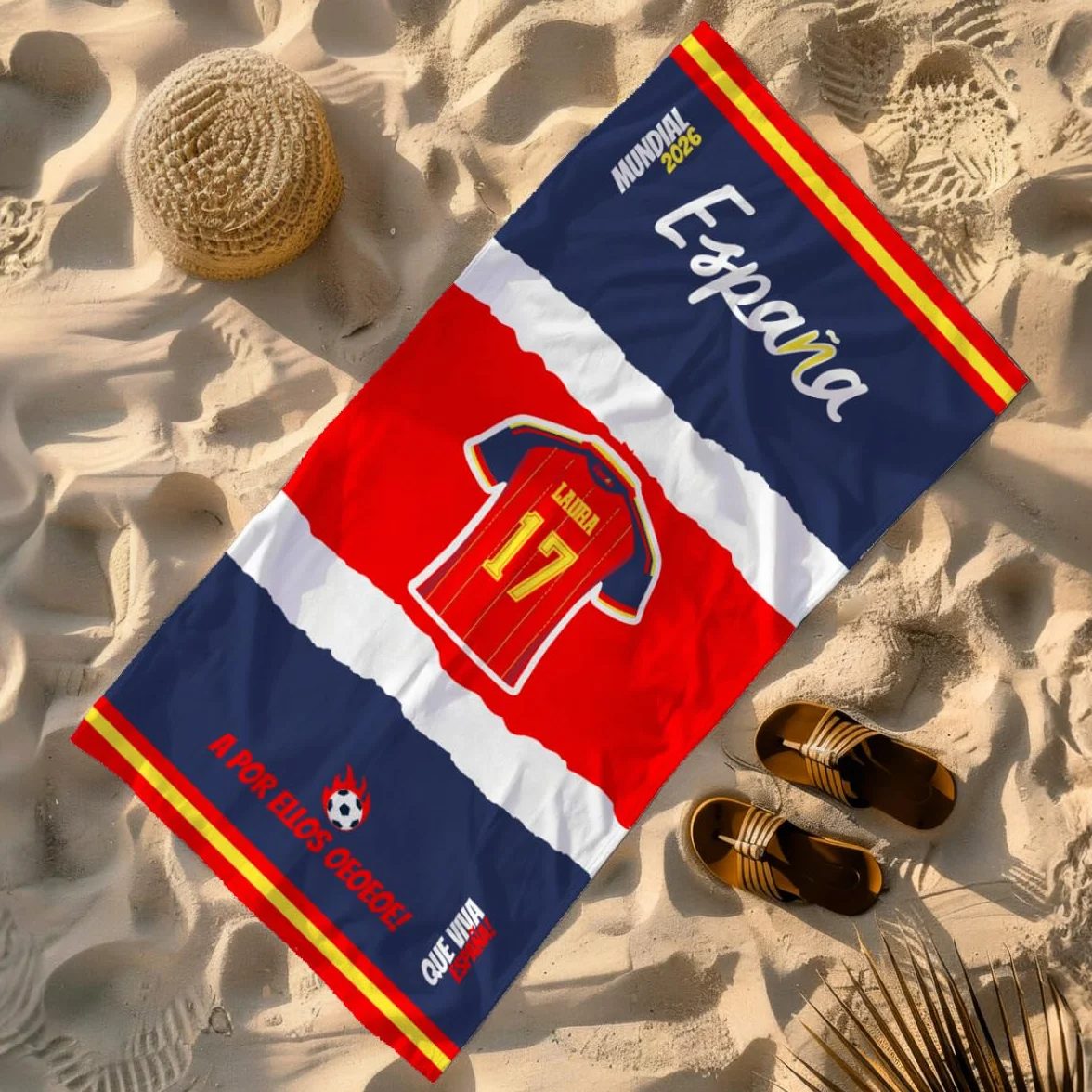 Toalla Personalizada Selección Española Mundial 2026 con Nombre y Número Camiseta España Regalo Original 70x140