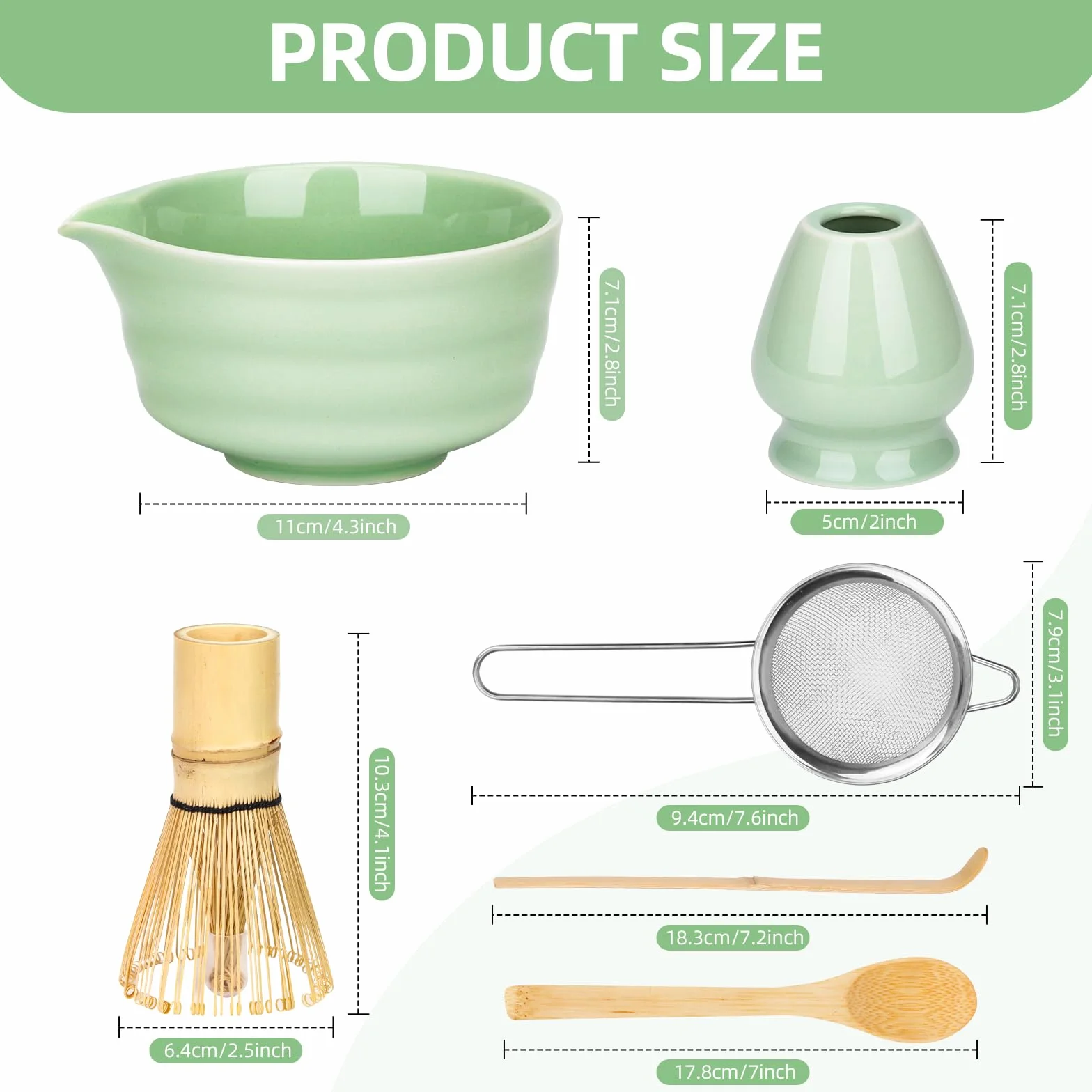 Matcha Set de 6 Piezas – Kit de Ceremonia Japonesa de Matcha con Cuenco de Matcha,Batidor de Matcha de Bambú,Soporte para Batidor,Colador, Cuchara y Pala – Set de Regalo para Amantes del Matcha