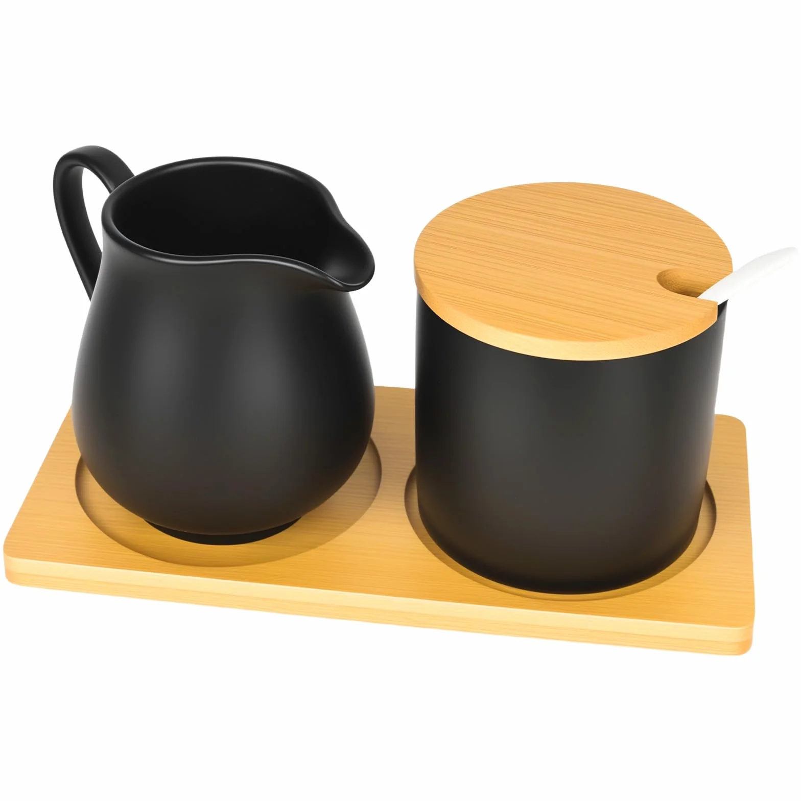 Juego de leche y azúcar cerámica negra con tapa y cuchara, jarra y azucarero con bandeja de madera apto lavavajillas microondas