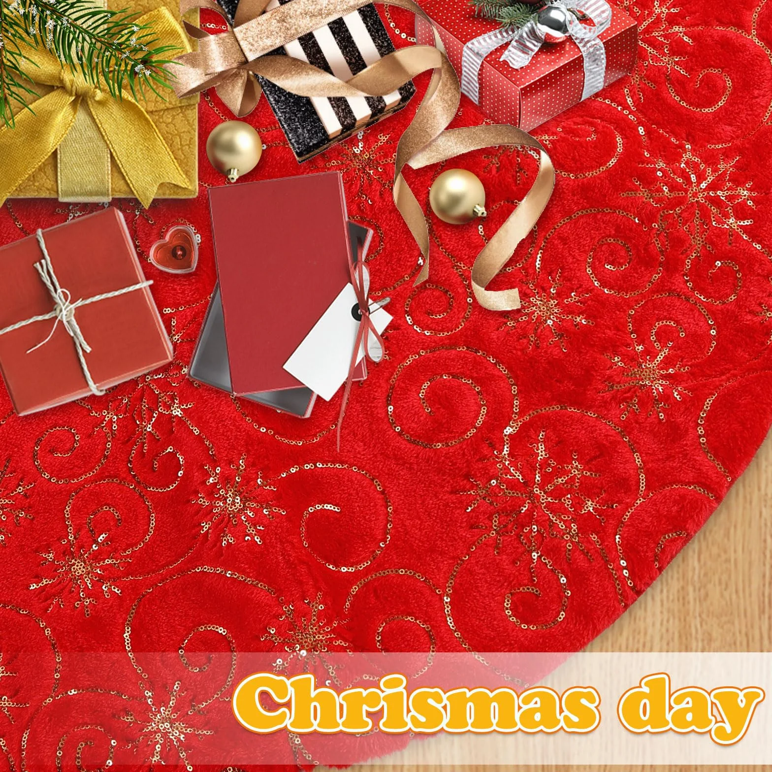 CITÉTOILE Falda de árbol de Navidad de Piel Sintética con Dorado Lentejuelas de Copo de Nieve, Falda Redonda árbol Navidad, Alfombra para Decoración Navideña, Rojo, S
