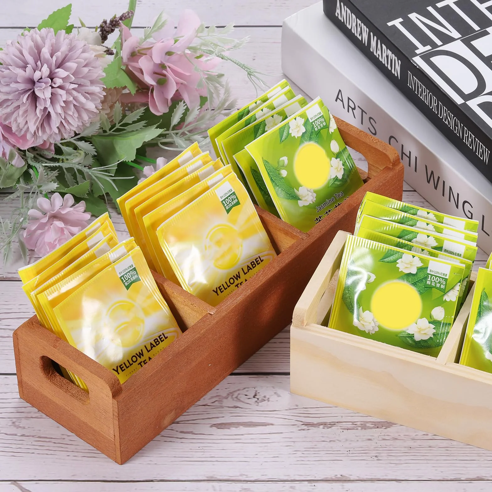 QUARKZMAN Organizador de Bolsitas de Té, Caja de Té de Madera de Pino con 3 Compartimentos Y Asa, Organizador de Almacenamiento de Té para Bolsitas de Té, Negro