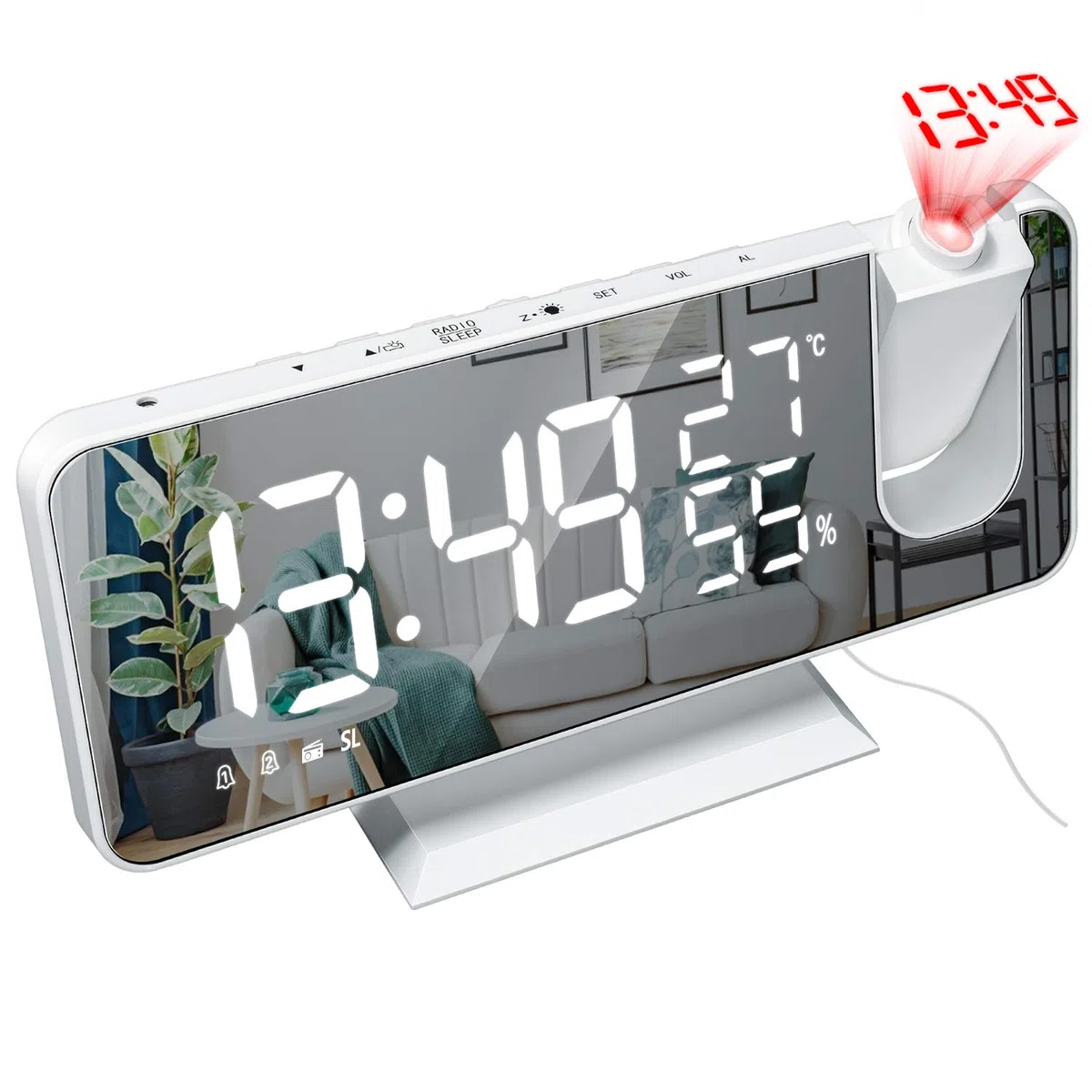 DollaTek Radio LED Projection Alarm Clock Digital Temperature Humidity White