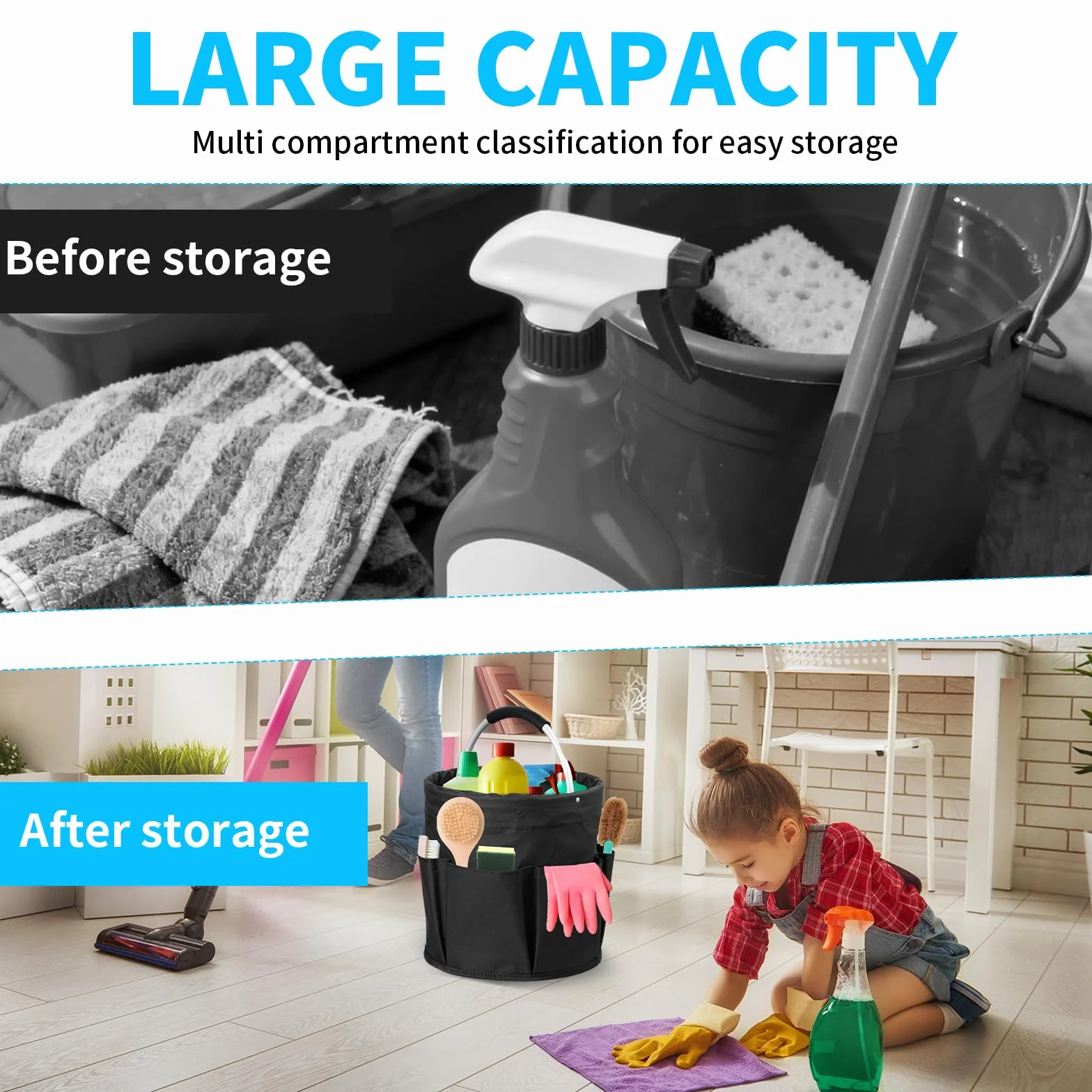2 organizadores de productos de limpieza, bolsa de limpieza plegable portátil, cesta de limpieza con asa y 6 bolsillos, bolsa de limpieza para dispositivos, herramientas, utensilios de limpieza
